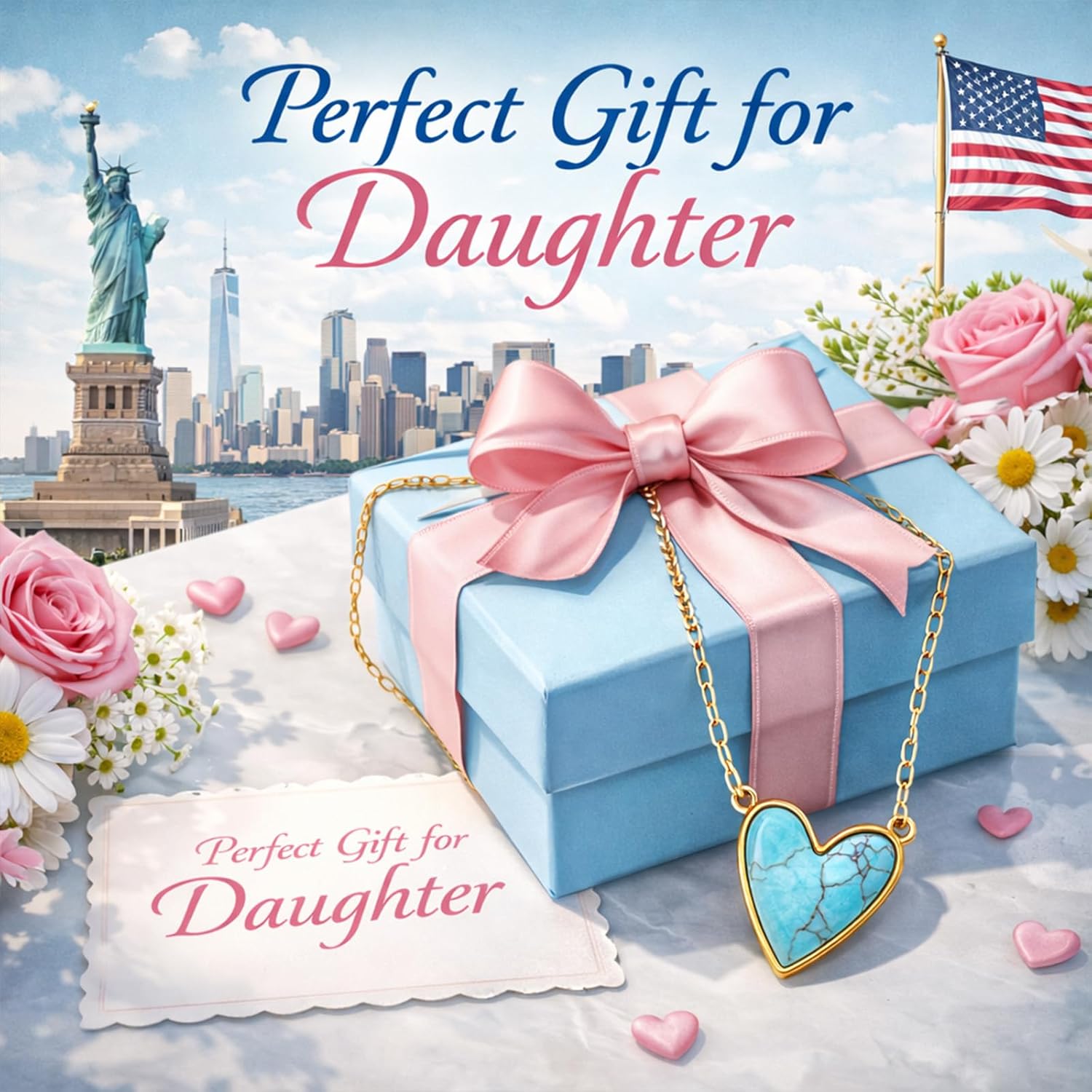 Sheplus Gifts for Daughter - Genuine Turquoise Heart Pendant Gold Necklace Real Western Love Paper Clip Jewelry - Image 3