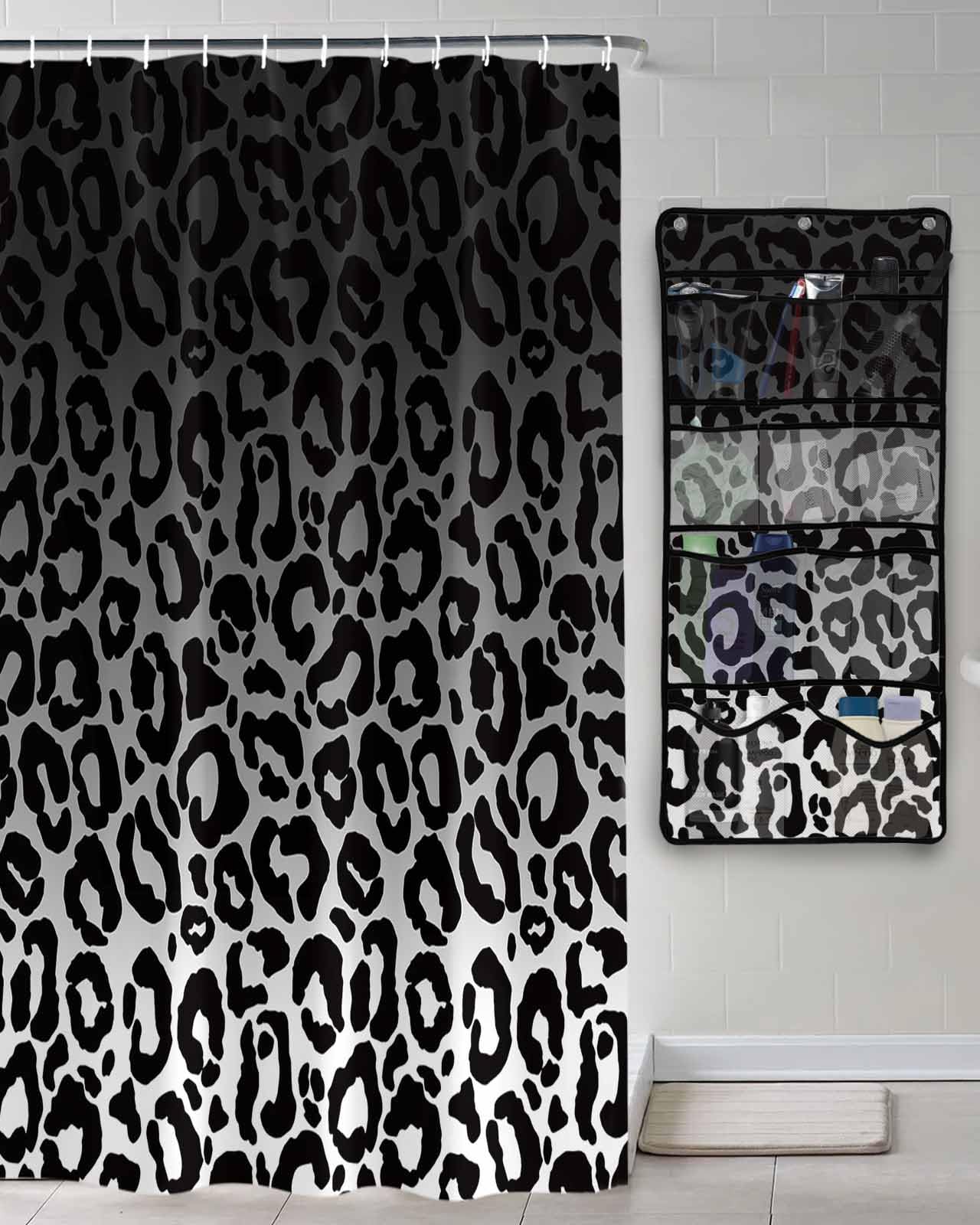 Shower Curtain Mesh Shower Organizer Hanging Set Ombre Leopard Print Black White Gradient Waterproof Shower Curtains with 10