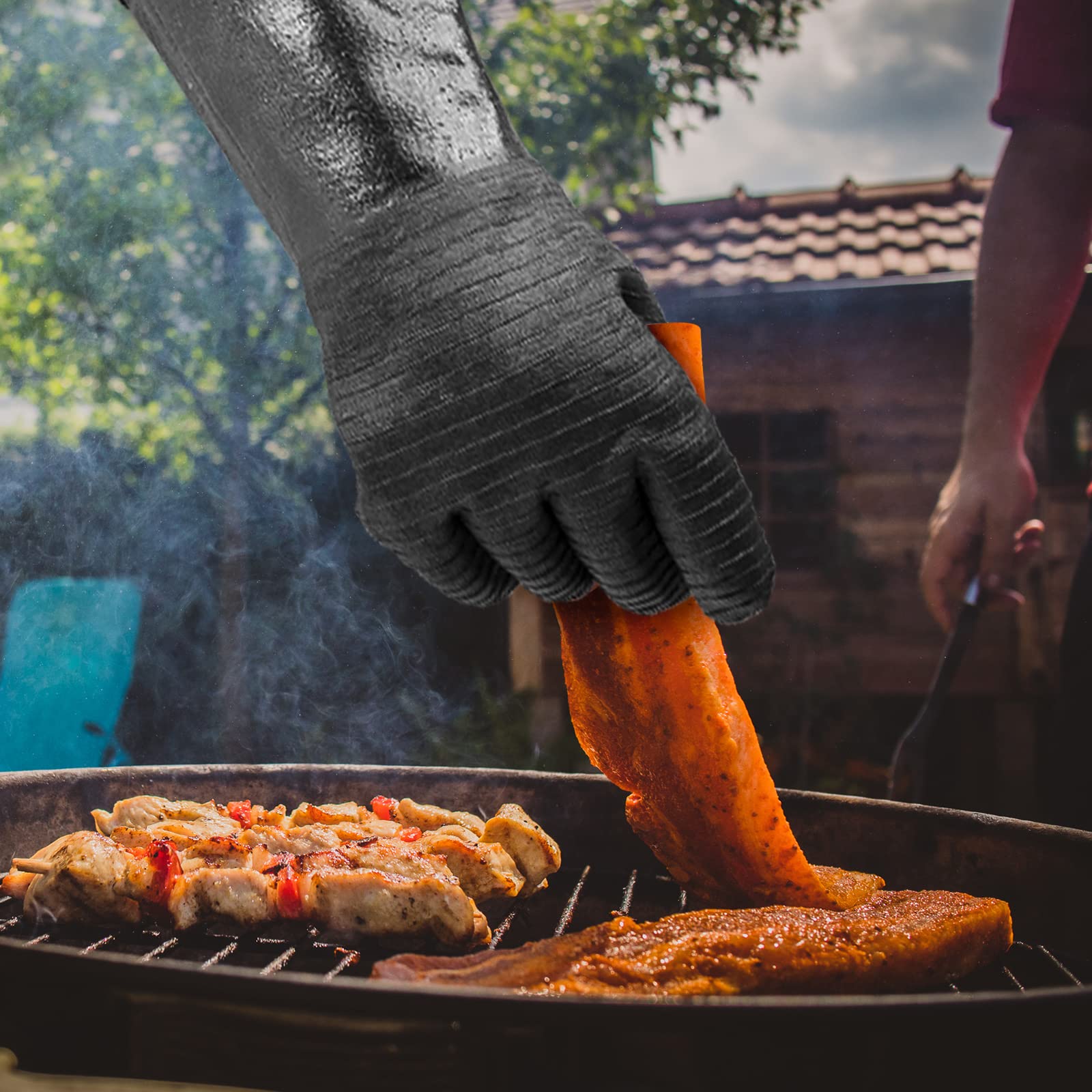GEEKHOM 45CM Grillhandschuhe Hitzebeständig Extra Lang, Grill Zubehör Feuerfeste Handschuhe Bis 500°C, Ofenhandschuhe Topfhandschuhe Backhandschuh Topflappen Handschuh Für, Kochen, Backen& Grillen
