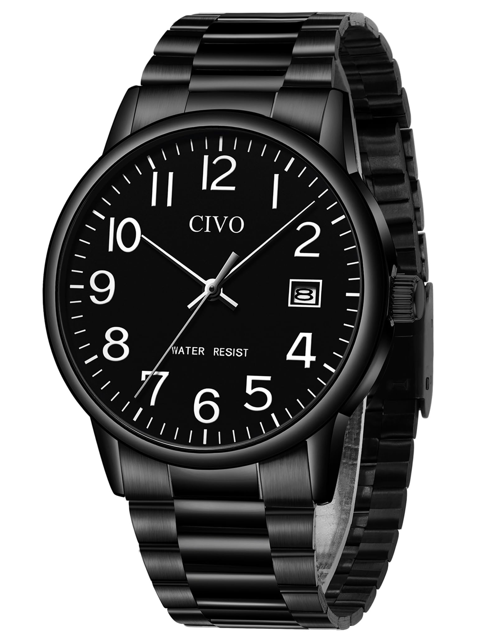 CIVO Watches for Men Analog Quartz: Waterproof Watch with Numeral Dial Easy to Read - Black Dress Mens Wrist Watch Stainless Steel - Gifts for Husband Father at Birthday Anniversary