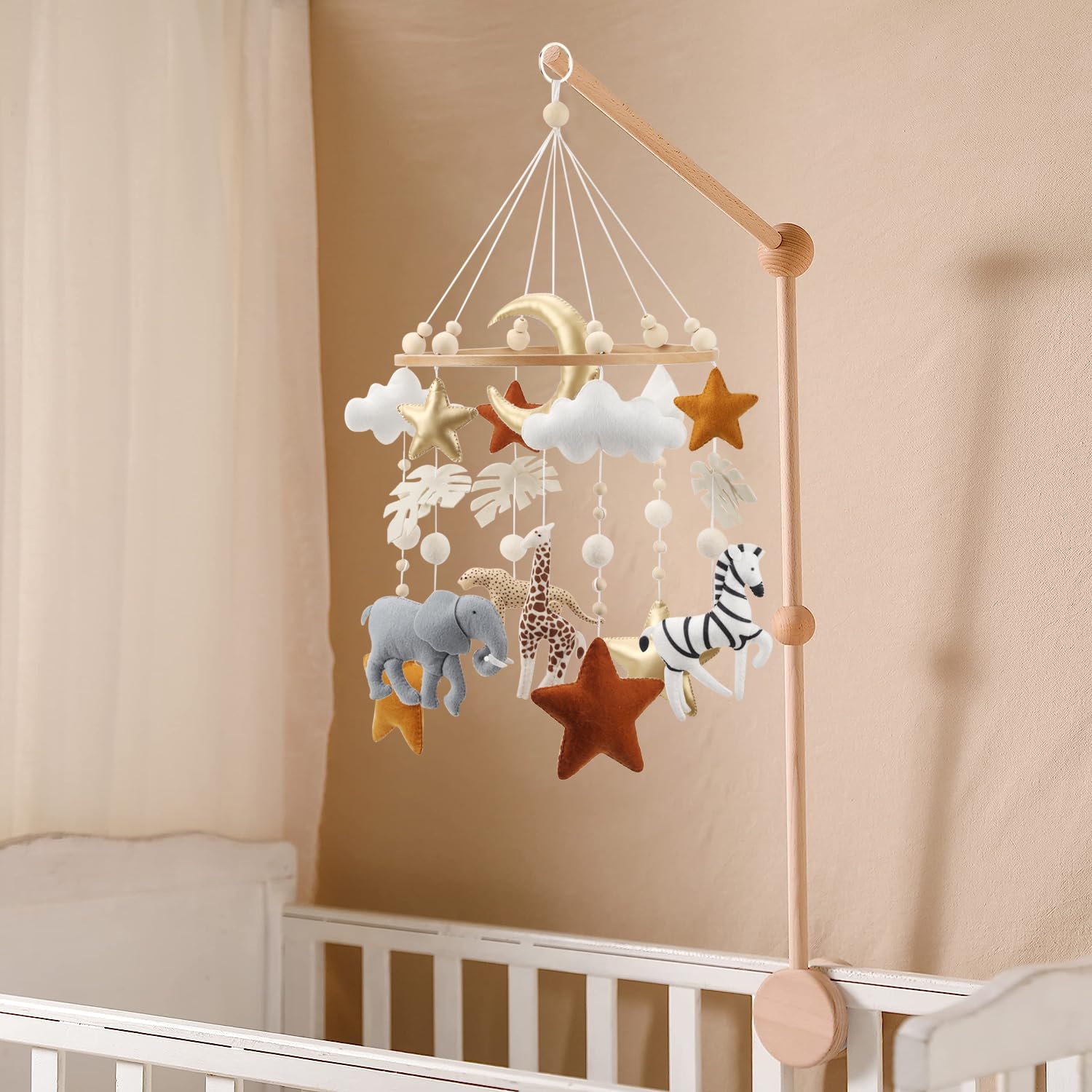 Safari Mobile for Crib - A Handmade Gender Neutral Safari Crib Mobile with Gold Stars and Clouds for a Jungle Theme Nursery