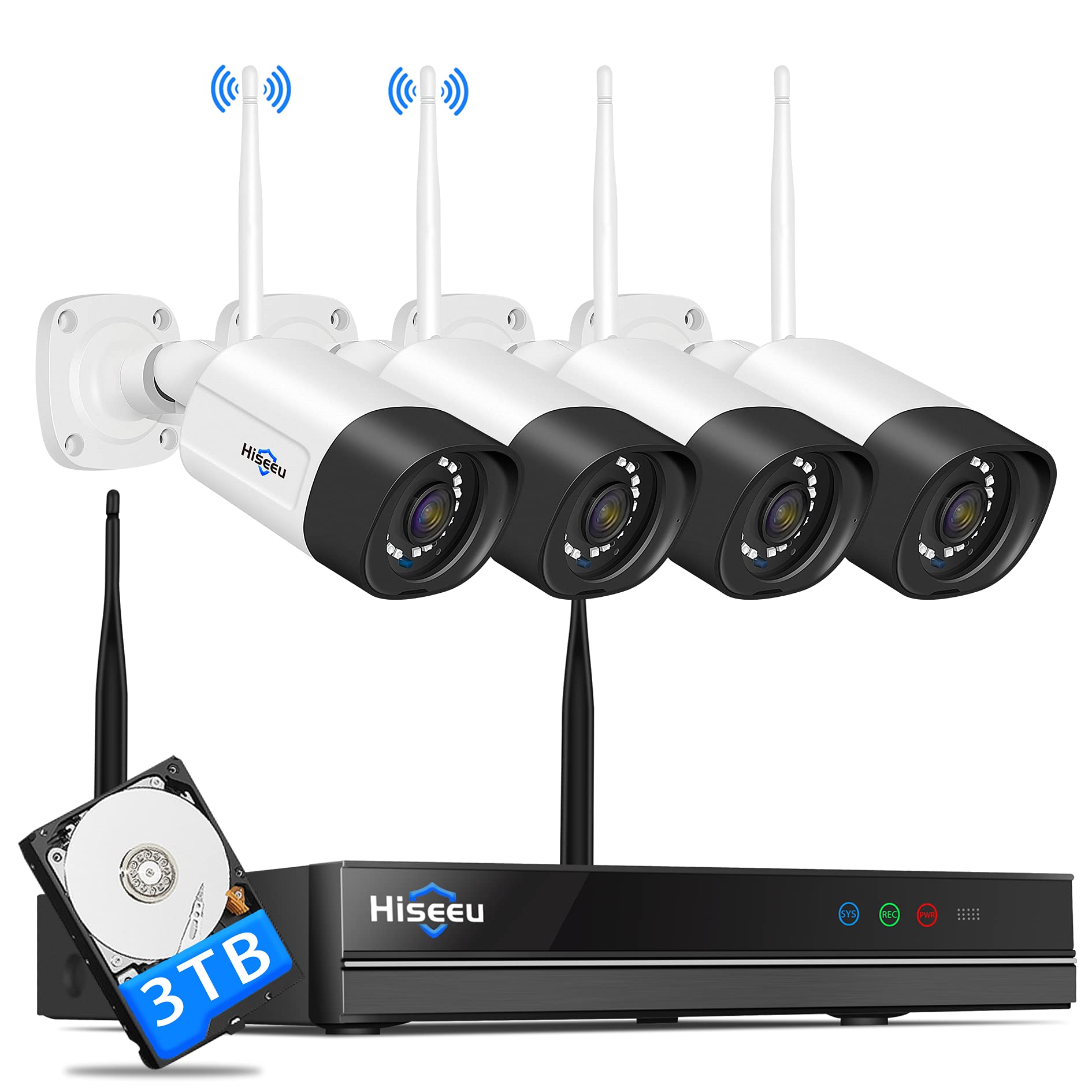 【2K,3TB Hard Drive】 Hiseeu Wireless Security Camera System,12V DC Power Cords,3 Megapixels,8H NVR,Mobile&PC Remote,Outdoor...