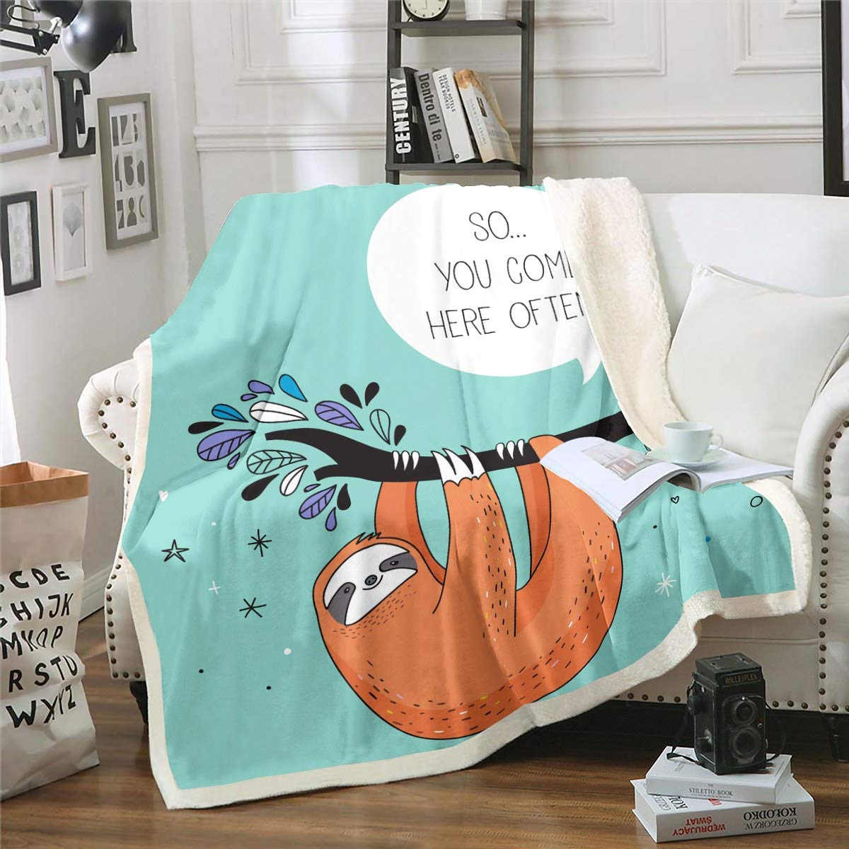 Loussiesd 3D Sloth Blankets and Throws for Kids Boys Girls Cartoon Animal Print Blanket Lovely Sloth Fleece Blankets Tree Branches EEEEEfor Chair Office Room Sherpa Blanket King 87"*94"