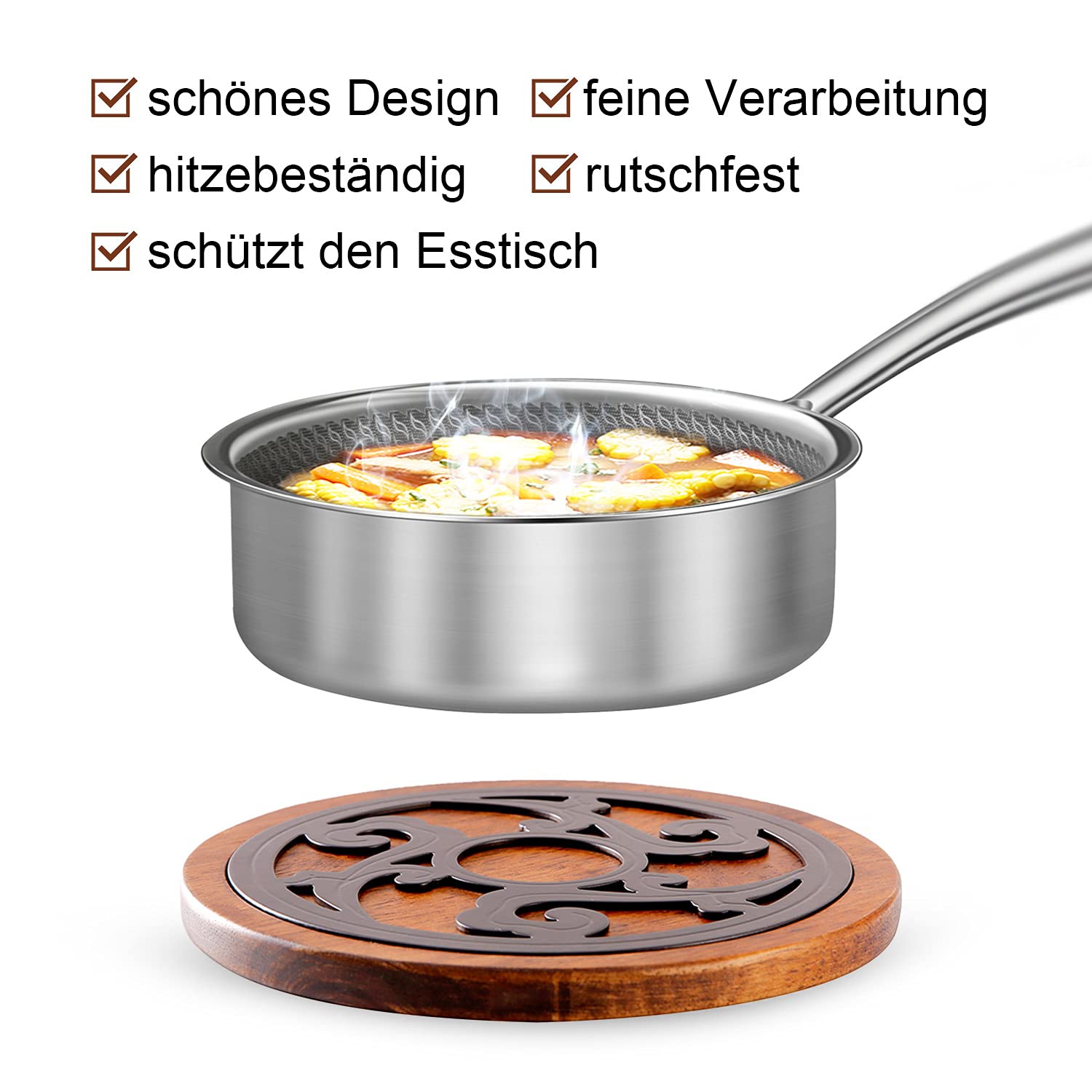 Dessous de Plat en Bois et métal - Rond - Diamètre : 20 cm - Qualité supérieure - Résistant à la Chaleur - pour casseroles Chaudes, poêles à gratin - Convient pour la Cuisine et la Table à Manger