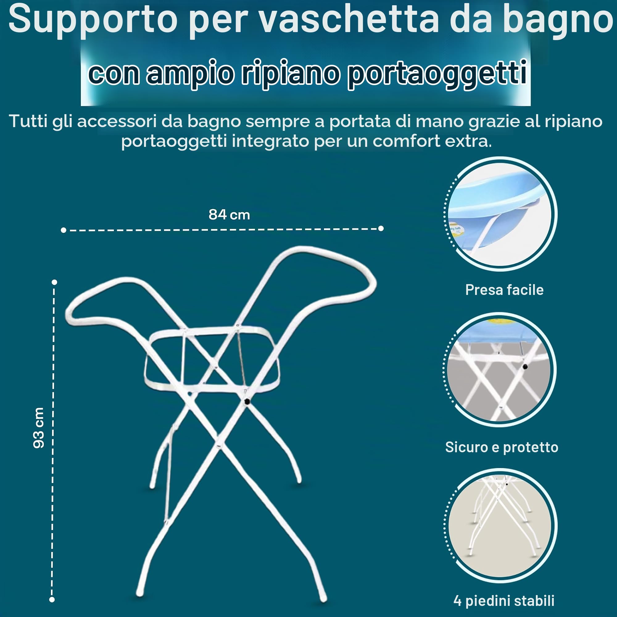 Supporto universale per vaschetta per bambini, 84 e 100 cm, con o senza ripiano, bianco