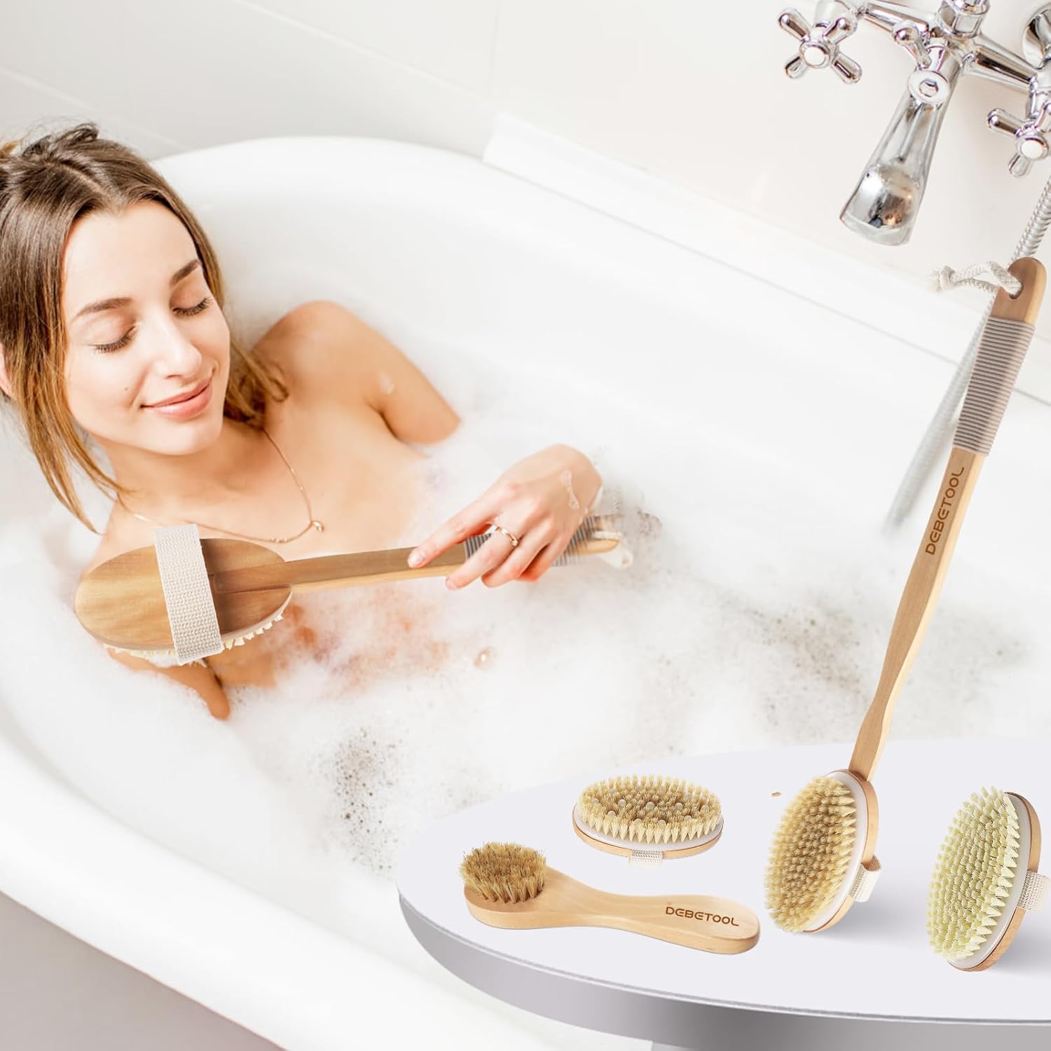 Dry Brushing Set - Natural Boar Bristle Body & Face Brush, Wooden Long Handle Scrub Brush for Cellulite & Lymphatic Drainage Body Care, Detachable, 3 Brush Heads - Image 7