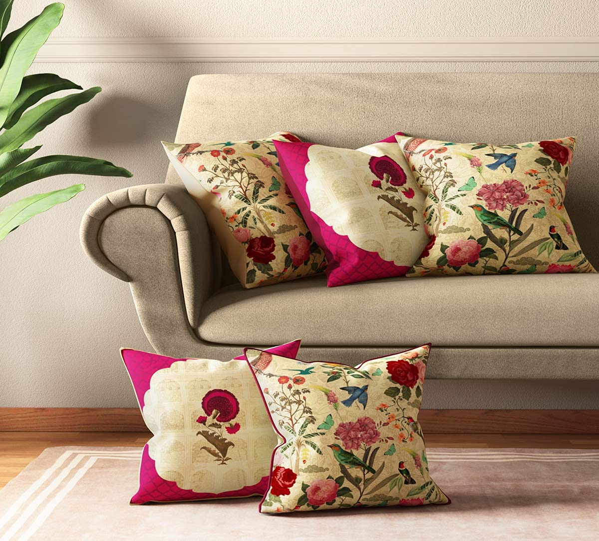 Poppy Bird Land Multicolor Satin Blend Cushion Pillow Covers Set of 5 (16 x 16 Inches), 110 TC