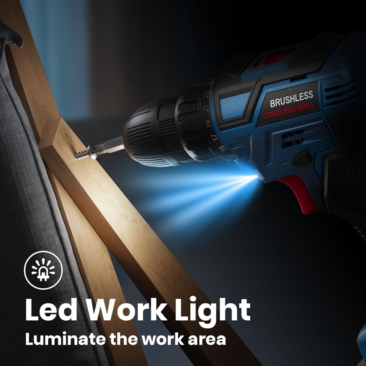 FAHEFANA cordless drill with LED light illuminating the work area