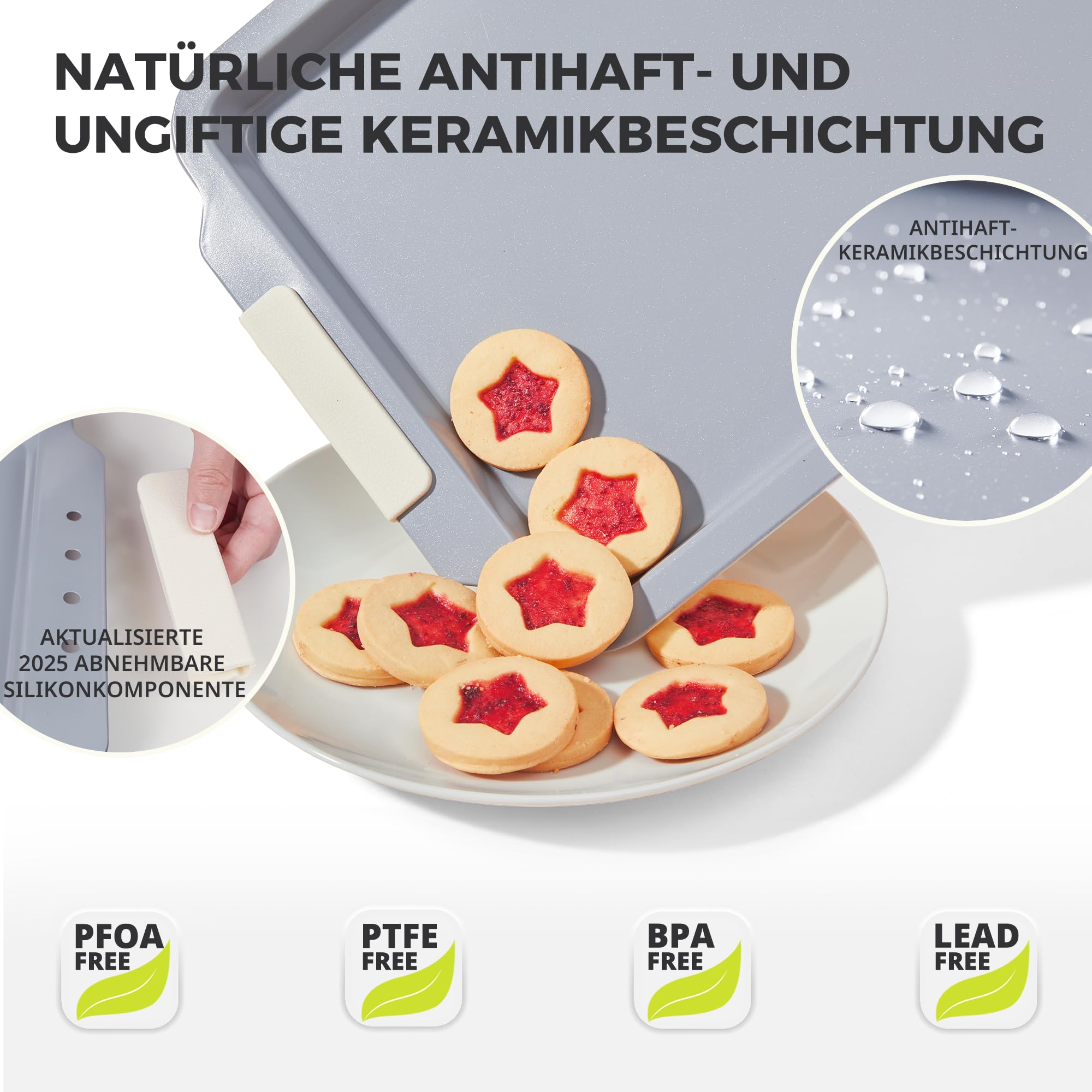HONGBAKE 3-teiliges Backblech-Set (Viertel/Jelly Roll/Halb), Aluminium-Stahl mit Keramik-Antihaftbeschichtung, stapelbar, hitzebeständig bis 260 °C, PTFE- & PFOA-frei, mit abnehmbaren Silikongriffen