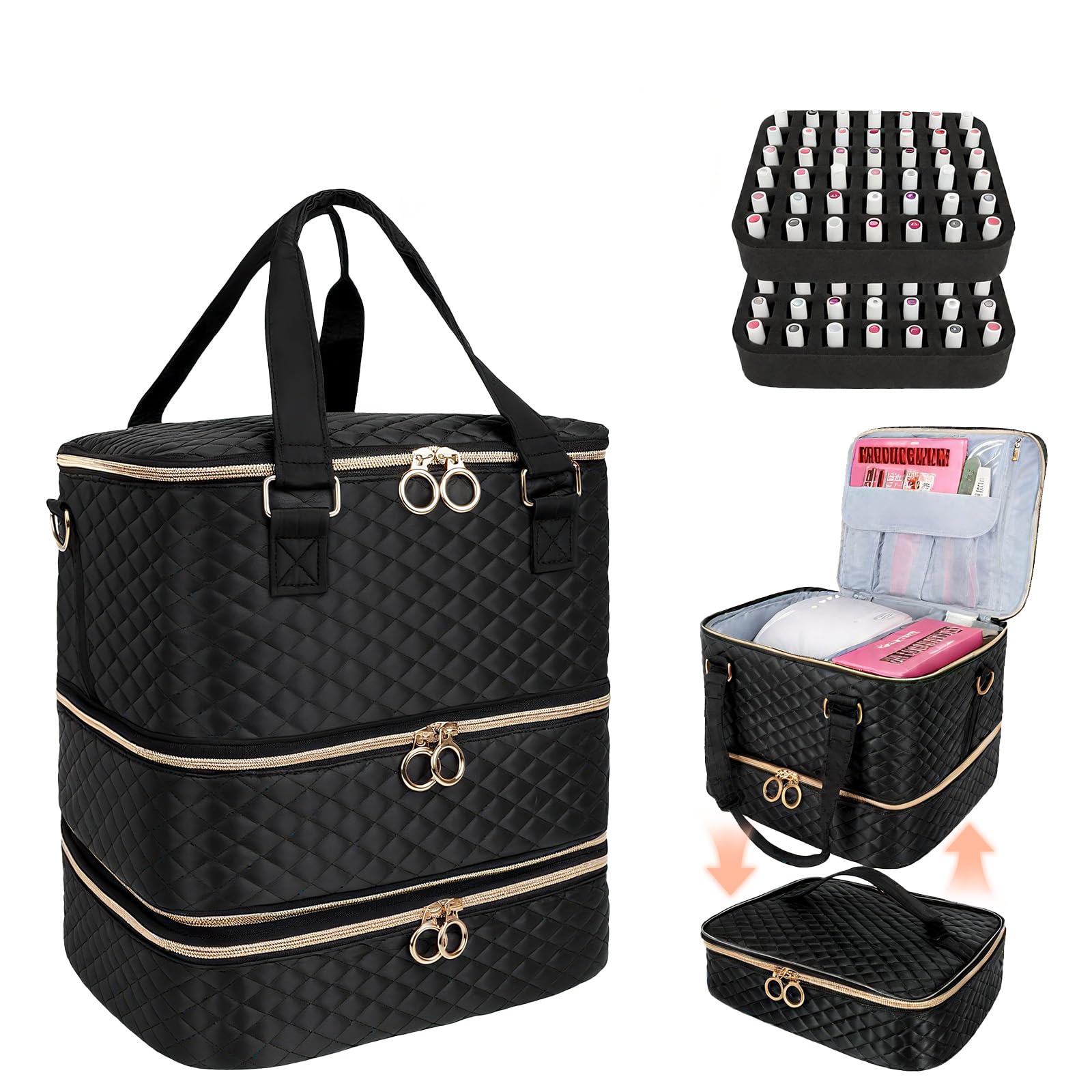Organisateur pour Vernis à Ongles, 3 Étages, Sac de Rangement pour 84 Flacons, Lampe LED, Noir