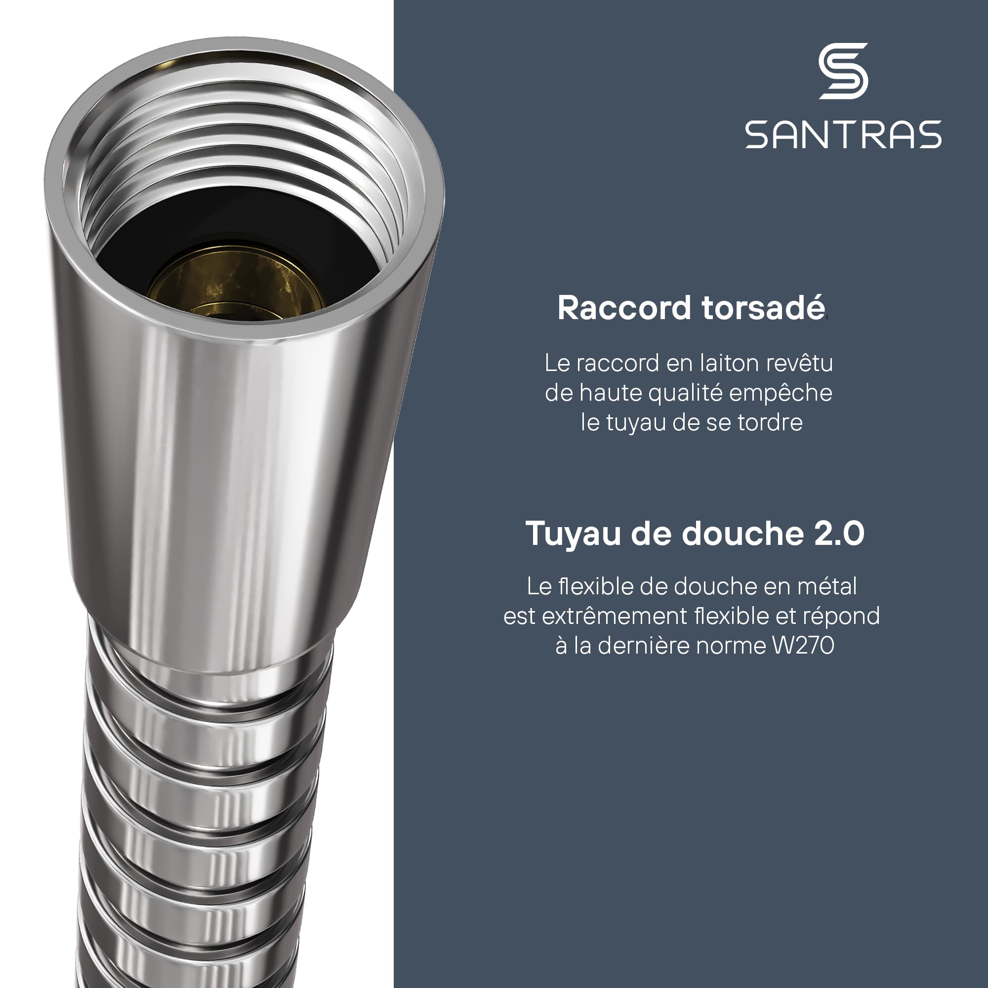 SANTRAS® Flexible de Douche 0,50 m inox Chromé – tuyau douche anti-torsion et anti-pliure | raccord universel 1/2" avec joints pour douche