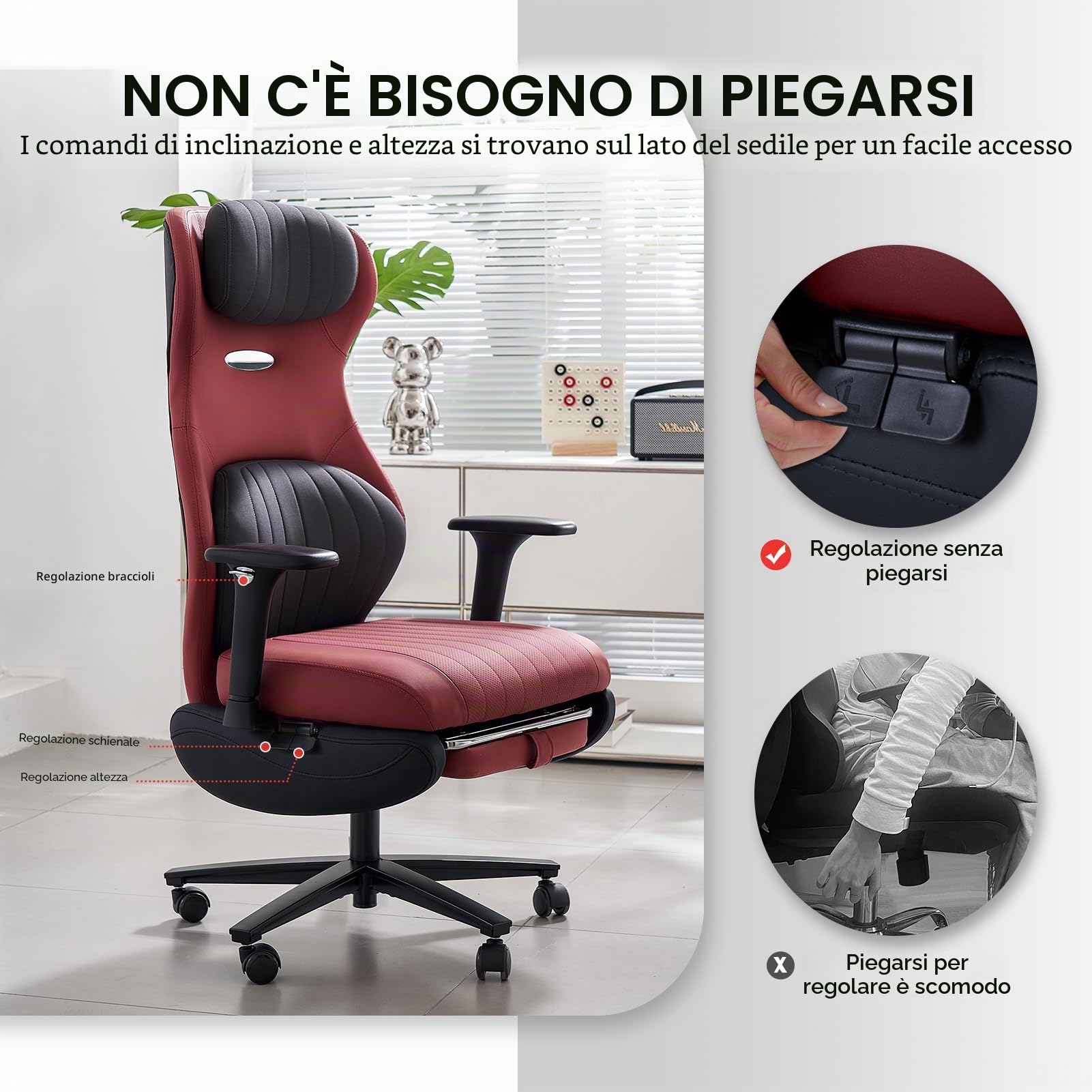 EMIAH Sedia da Ufficio Ergonomica, Sedia da Scrivania Reclinabile con Poggiapiedi, Braccioli Regolabili, Sedia da Gioco con Schienale Alto, Sedia Direzionale con Supporto Lombare, Pelle PU (Rosso)