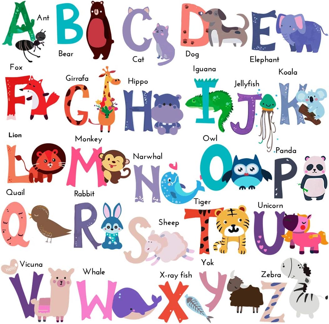 DEKOSH Kid's Plastic Animal Alphabet Peel and Stick Colorful Educational Wall Stickers- Sheet of 26 (Multicolour)