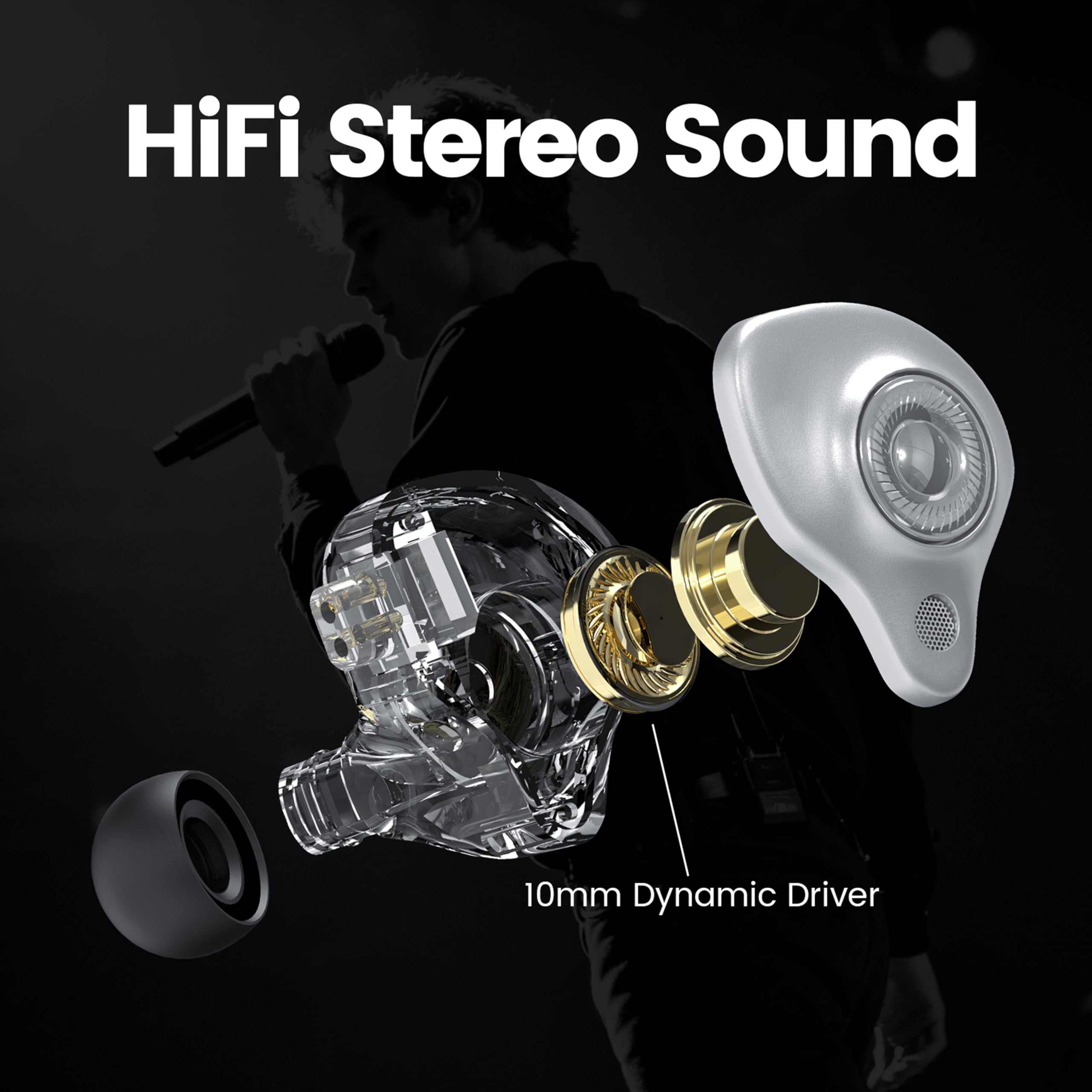 Cuffie intrauricolari senza microfono, 3,5 mm, argento, driver da 10 mm | Driver dinamico da 10 mm, cavo OFC 4N staccabile, auricolari HiFi IEM per giochi e regali