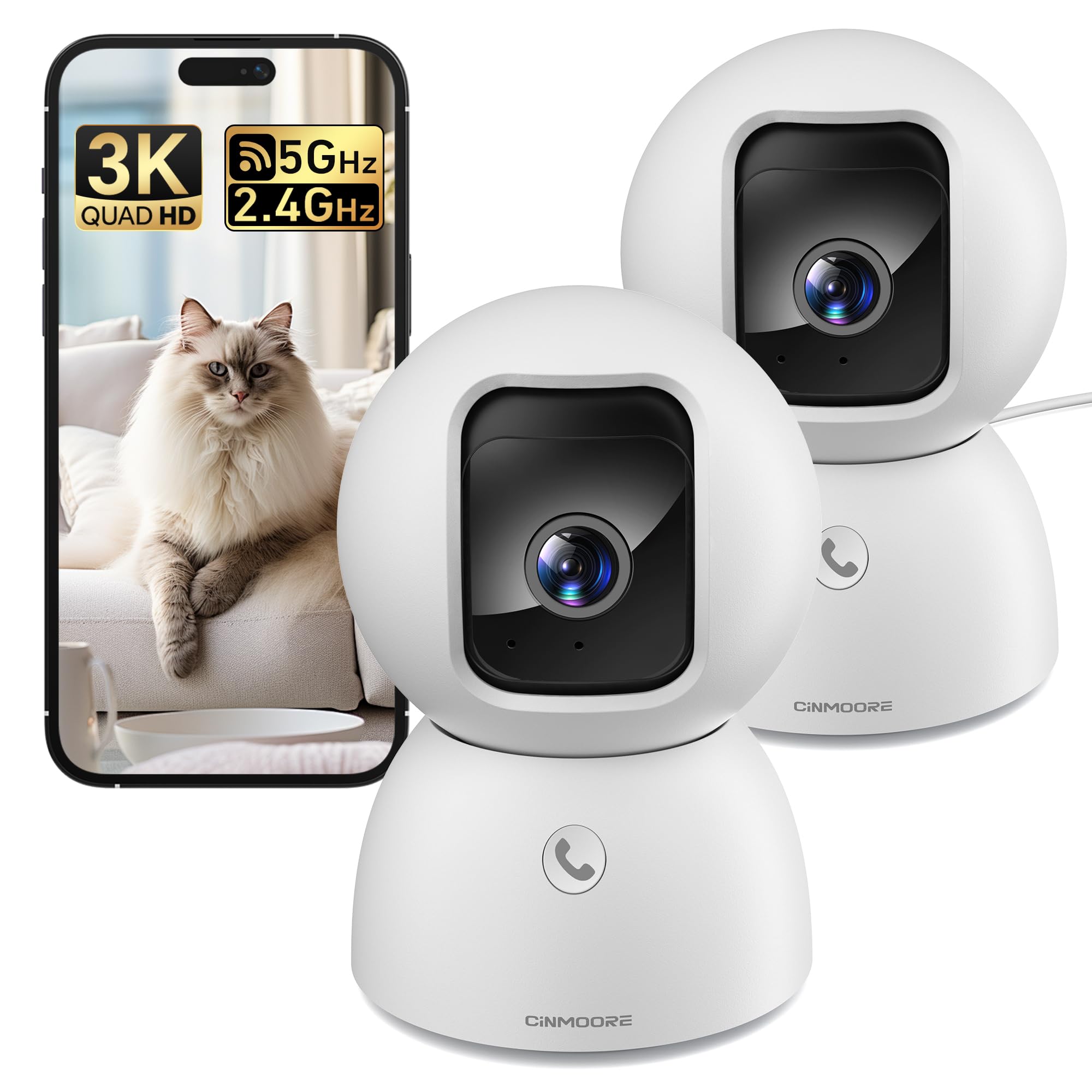 2 Pack 5G Pet Camera Indoor with Phone App, 3K Cat Dog Camera with Speaker, 5MP Cameras for Home Security, Person/Pet/Facial AI Detection Pan-Tilt Motion Tracking, 2-Way Talk, 2.4G/5G Dual-Band Wi-Fi
