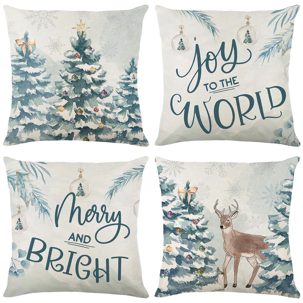 LTDKAEN Christmas Fir Trees Cushion Covers 45x45cm Set of 4 Winter Watercolor Deer Coniferous Xmas Decorative Linen Throw Pillow Covers for Sofa Bedroom