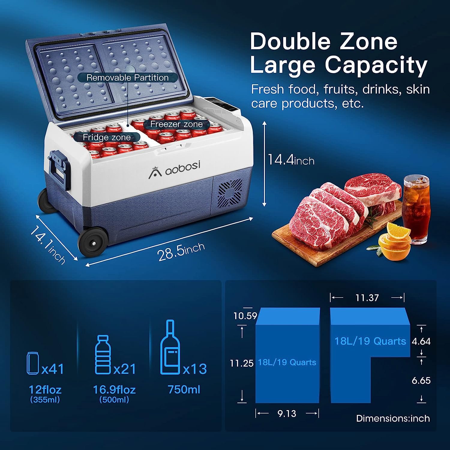 AAOBOSI Kompresor chłodzący 36 l, lodówka samochodowa ze sterowaniem WiFi APP, 12/24 V i 100-240 V, do -20 °C, do samochodu, ciężarówki, łodzi, kampera, na kemping