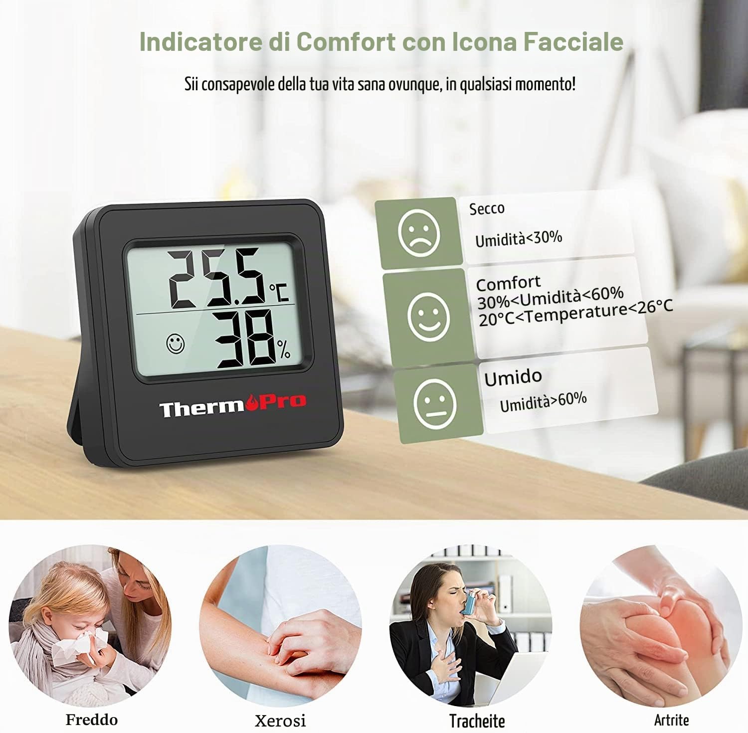 TempPro TP157-3 Termometro digitale per interni, termometro per la casa, misuratore di umidità con sensore di temperatura e umidità e icona a forma di viso, Precedentemente ThermoPro