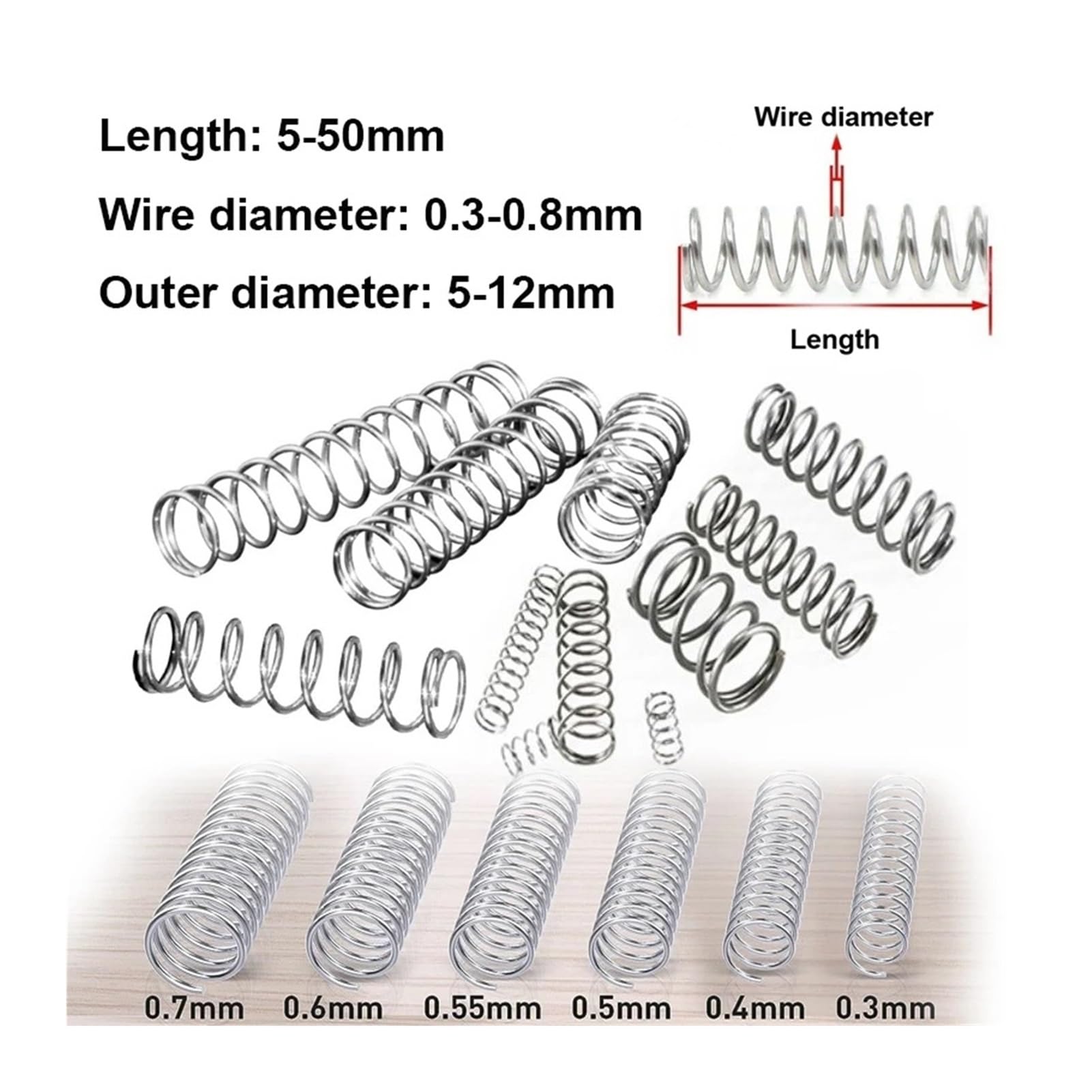 Resortes de compresión 10 piezas de resorte de compresión pequeño de acero inoxidable de diámetro exterior de 0,3, 0,4, 0,5, 0,6, 0,7 y 0,8 mm.(5mm,12mm,0.6mm)