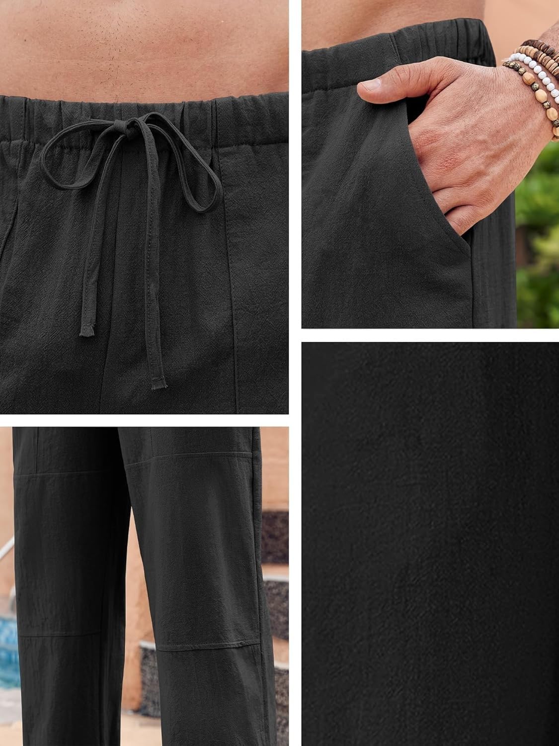 Runcati Herren Hose Baumwolle Straight Leg Yoga Hose Männer Herbst Loose Fit Strand Leicht Einfarbig Freizeithose mit Taschen Elastischer Bund