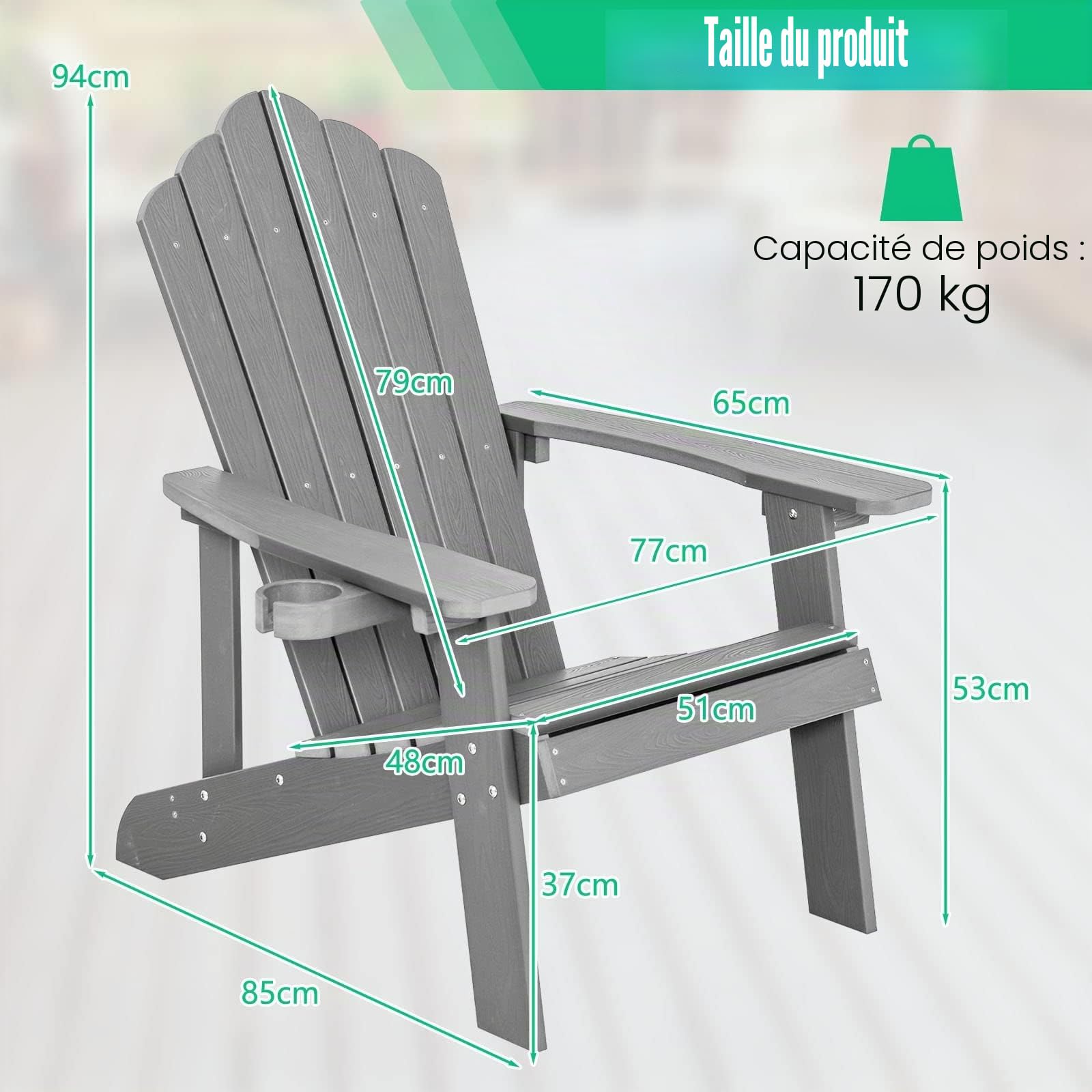 FANTASK Adirondack Chaise de Jardin en Plastique avec Porte-gobelet, résistante aux intempéries, capacité de Charge de 170 kg, Gris Clair
