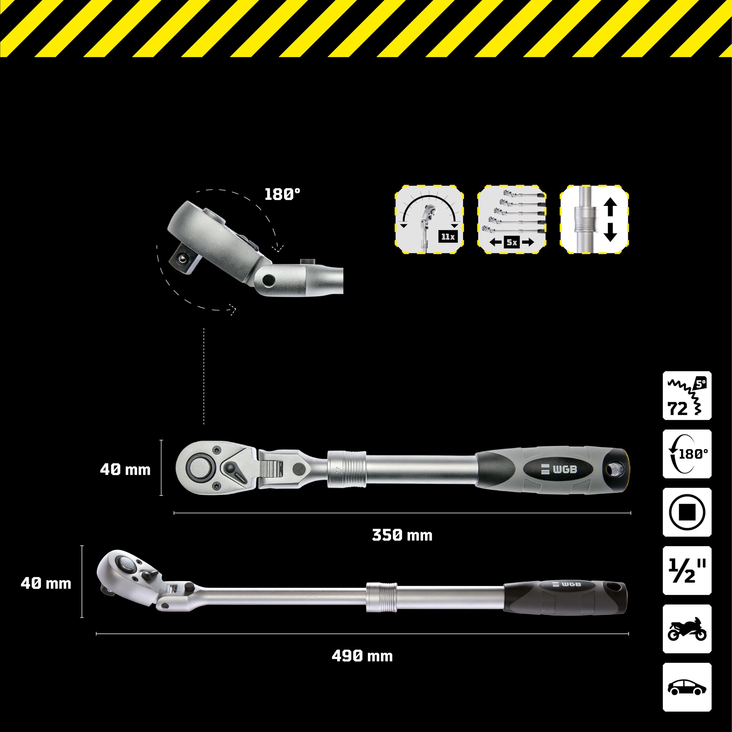 WGB Das Werkzeug Clé à cliquet télescopique articulée de 1/2", 72 dents, conforme à la norme DIN 3122, longueur 350-490 mm