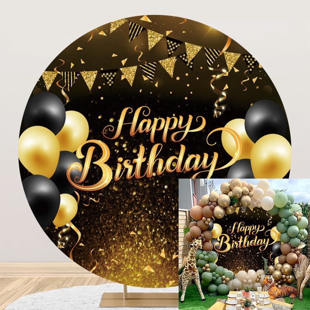 Gold And Black Theme Happy Birthday Round Backdrop main image 1
