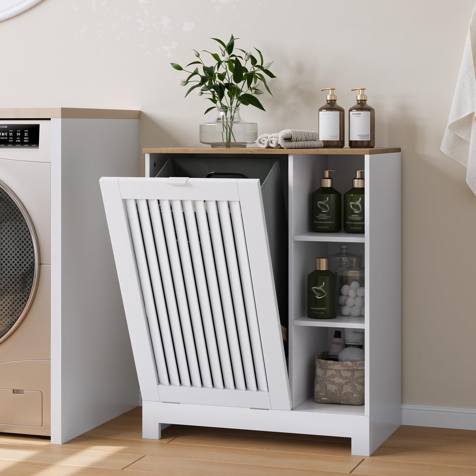 Smart FENDEE Tilt Out Laundry Hamper Cabinet with Louvered Door and Side Shelf, Bathroom Storage Cabinet with Removable Clothes Bin, 60 x 37 x 75 cm, White