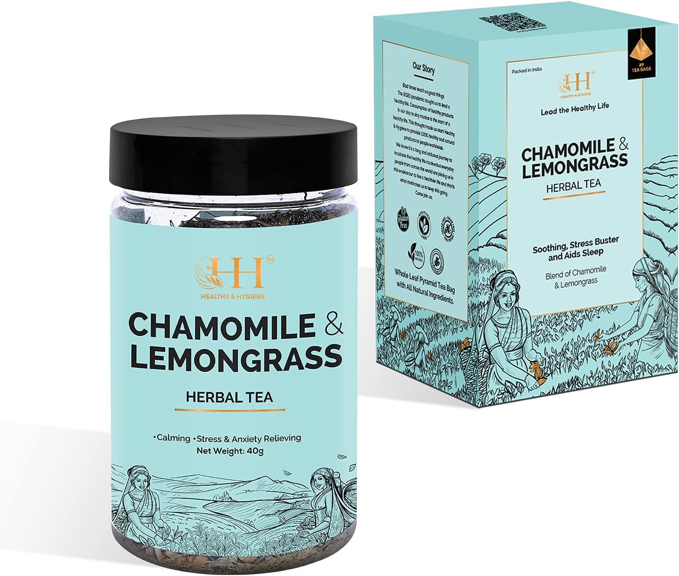 HEALTHY & HYGIENE Combo of 100% Natural Caffeine Free | Calming Chamomile & Lemongrass Herbal Tea (Jar 40g) and 20 (Count) Pyramid Tea Bags
