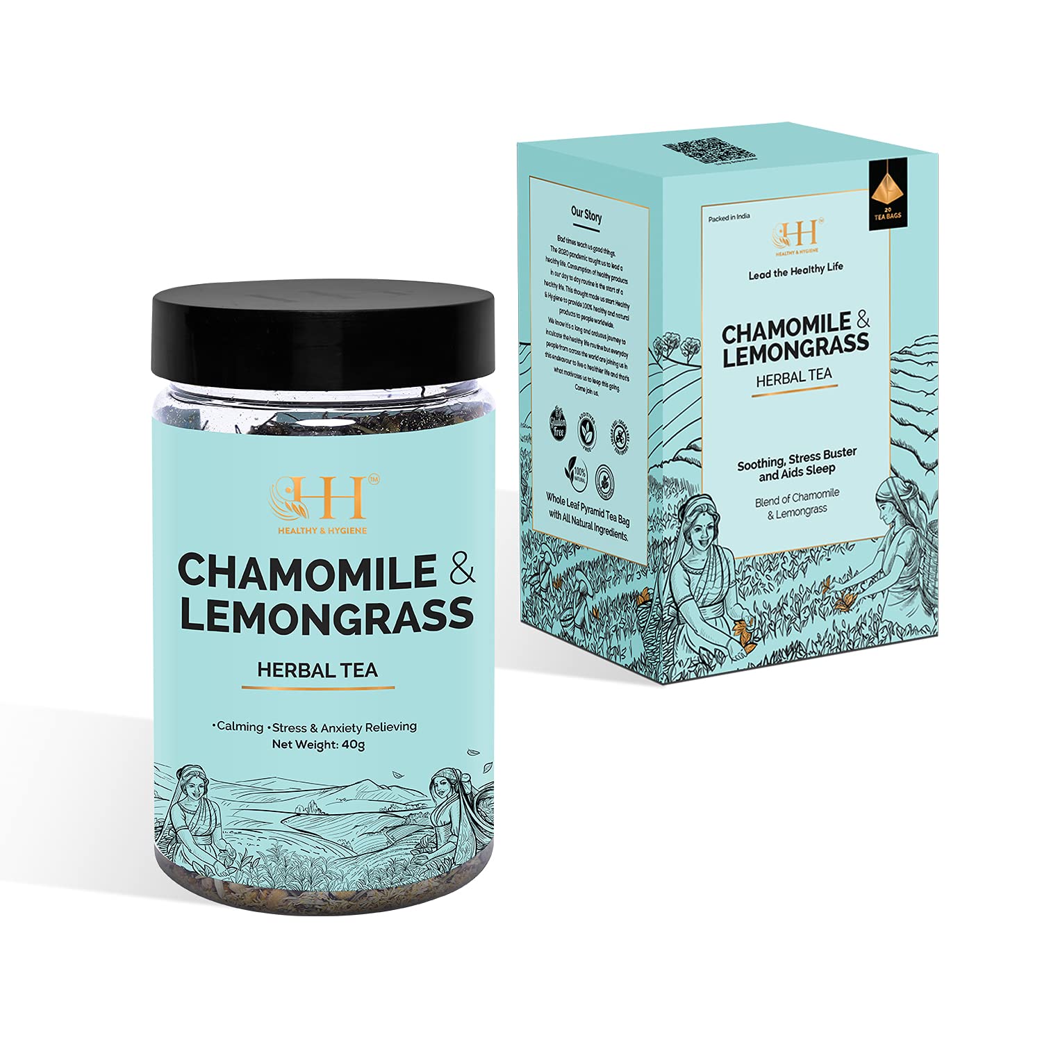 HEALTHY & HYGIENE Combo of 100% Natural Caffeine Free | Calming Chamomile & Lemongrass Herbal Tea (Jar 40g) and 20 (Count) Pyramid Tea Bags