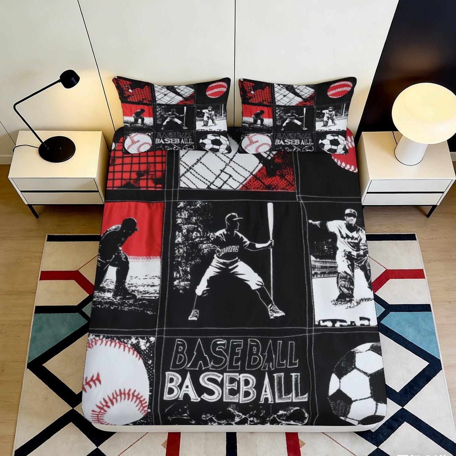 3D Printed Baseball Pattern Fitted Sheet Microfiber Deep Pocket Non-Slip Bedding Baseball Mattress Fitted Cover for Bedroom 160x200x25cm