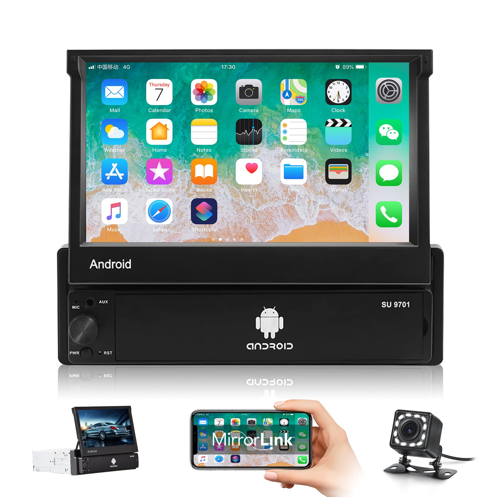 EKAT Android Single Din Car Stereo,7 inch Flip Out Touchscreen Car Radio with Bluetooth WiFi GPS Navigation FM Mirror Link + 12 LED Backup Camera