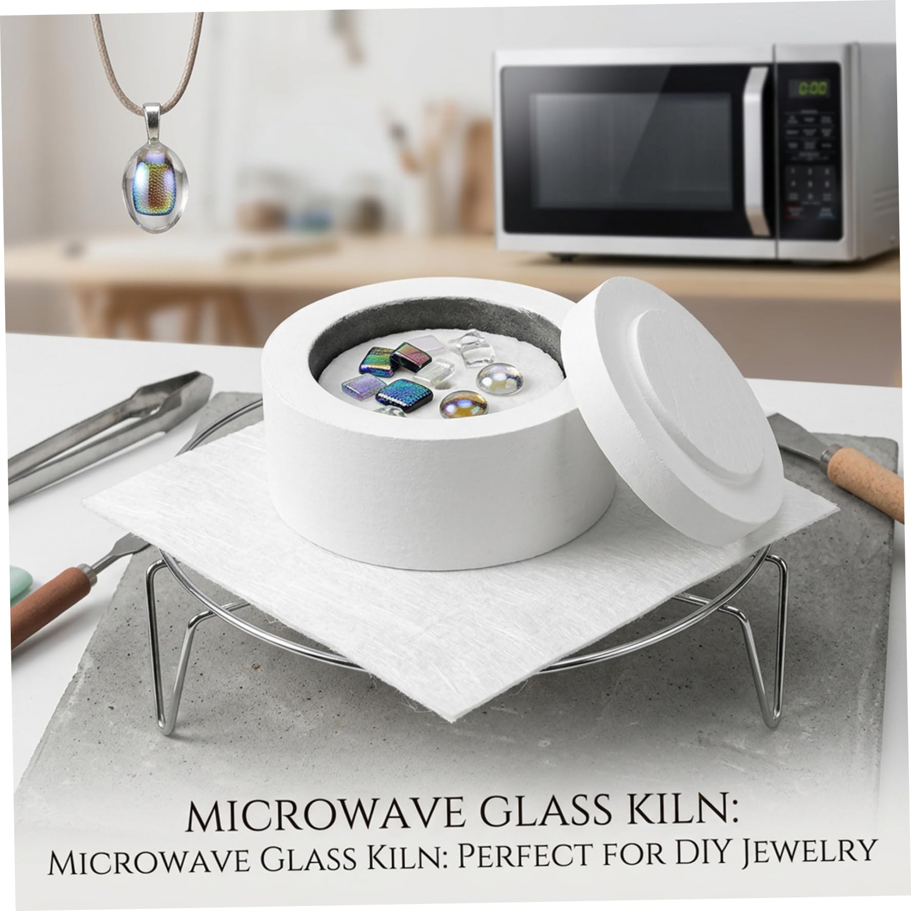 Mikrowellen Brennofen Set zum Verschmelzen von Glas und Ton, Mini Brennofen für Keramikfaser mit Ständer und Einlegepapier für die Schmuckherstellung in der Mikrowelle, geeignet für Keramik, Glas