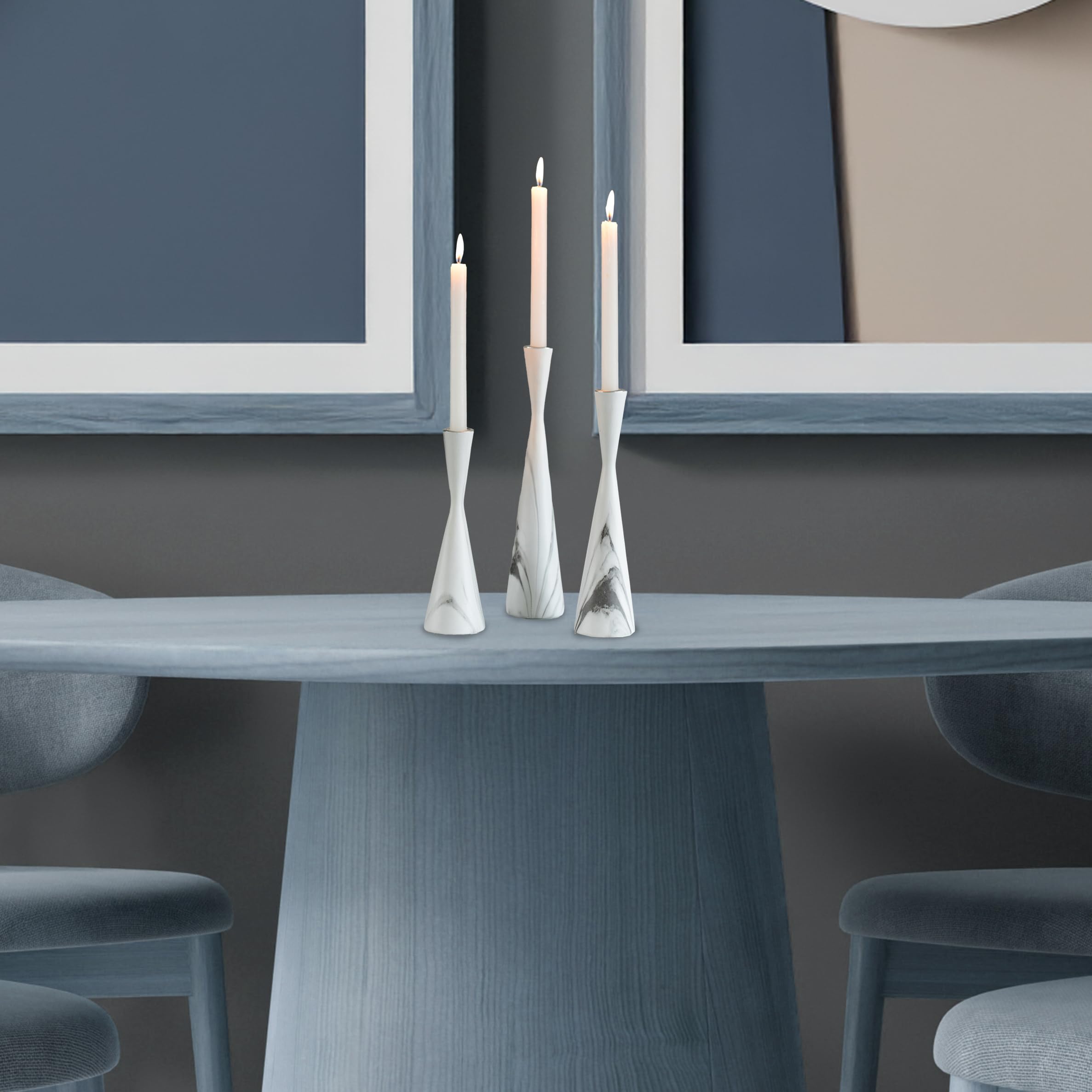 3er Set dekorative Kerzenhalter aus Kunstharz Marmor Design Modern Kerzenständer Weiß