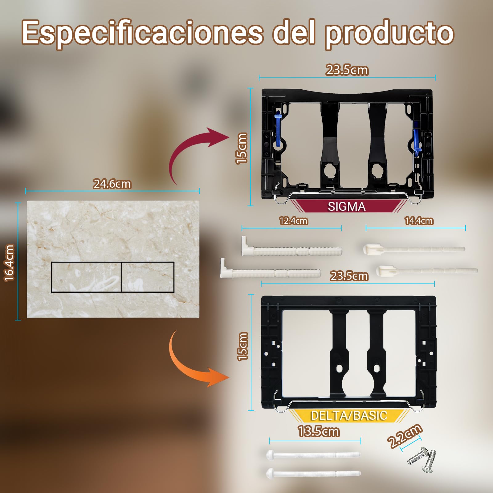 Placa de Descarga WC Compatible con Geberit Duofix Sigma, Delta y Basic, Kit de Recambio con Varillas de Accionamiento y Marco de Montaje para UP300 & UP320, 245 x 164 mm(Beige-Y4)