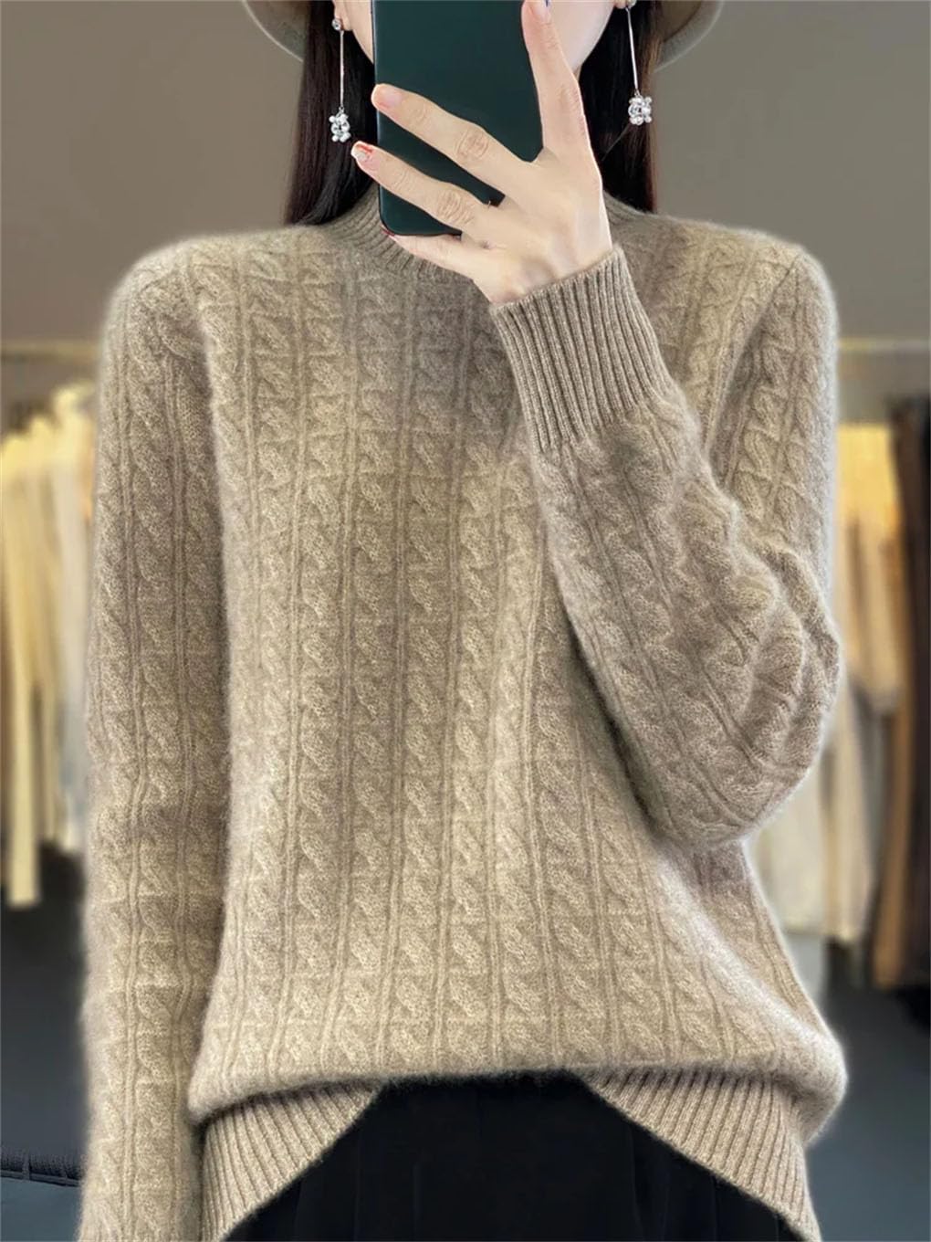 Maglione invernale da donna in lana, spesso, caldo, con collo a lupetto intrecciato