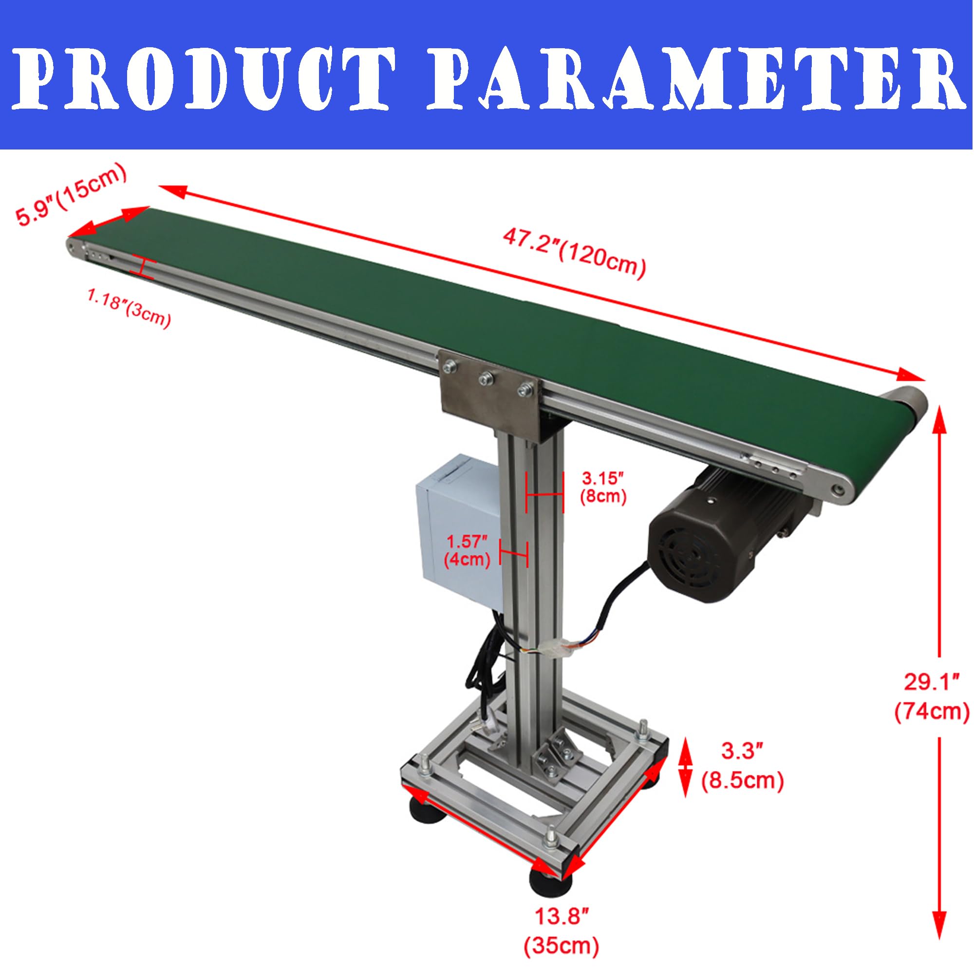 HQHAOTWU Inclined Wall Belt Conveyor PVC Belt Transport Conveyor Single Row Leg Industrial Transfer Conveyor Aluminium Alloy Frames 47×5.9inch Belt