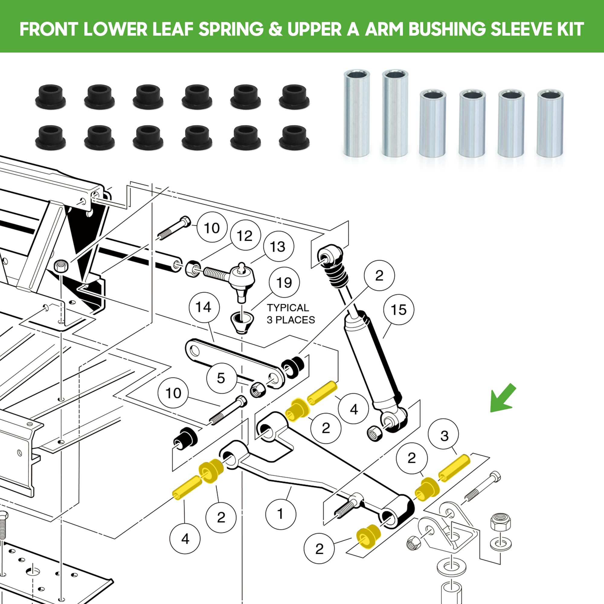 10L0L Kit di boccole di riparazione per carrelli da golf, kit di boccole di riparazione anteriore e posteriore per Club Car DS dal 1993 in poi, kit di sospensione anteriore superiore/inferiore