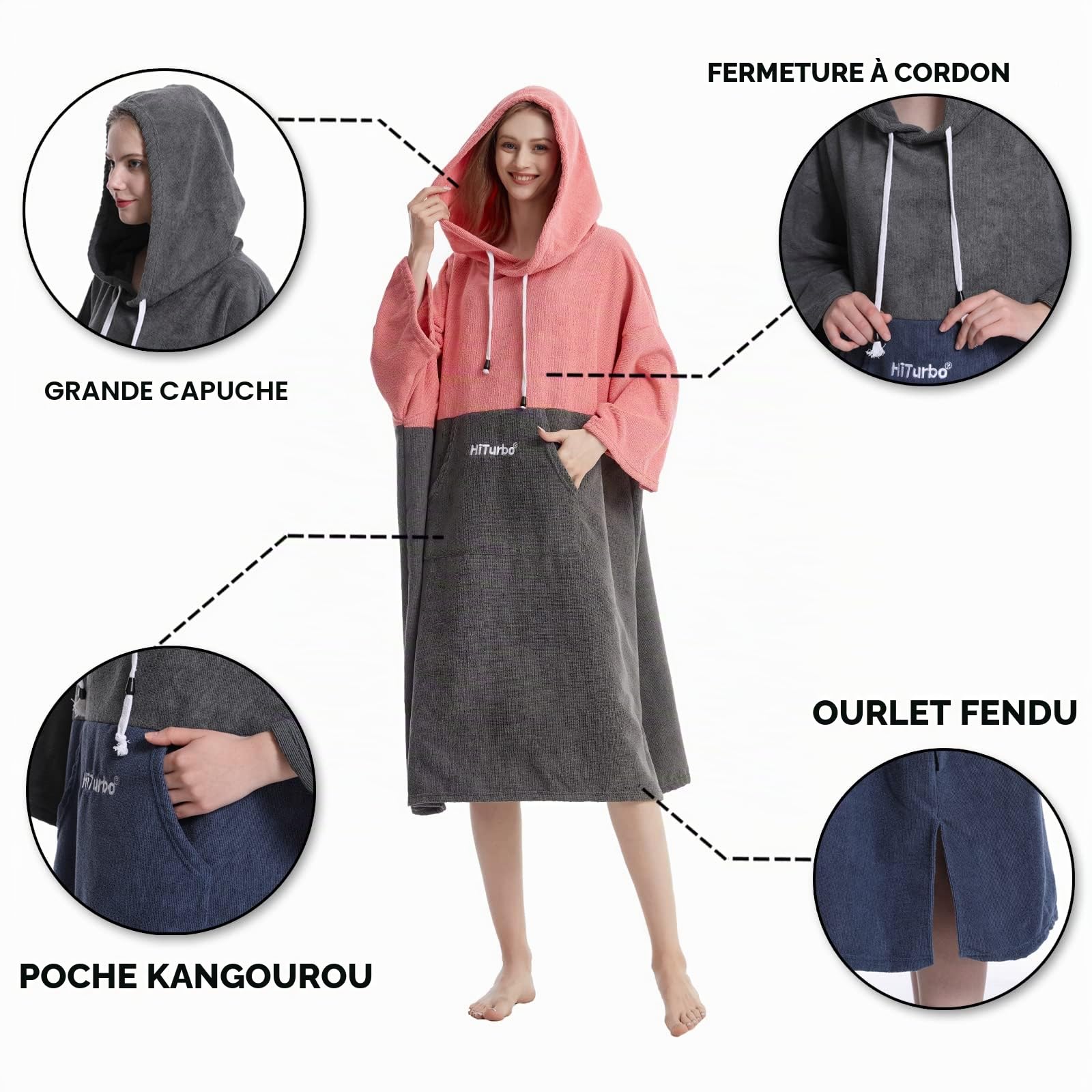 Hiturbo Peignoir à langer, poncho serviette de bain avec capuche pour plage, natation, surf, Rose et gris, taille unique
