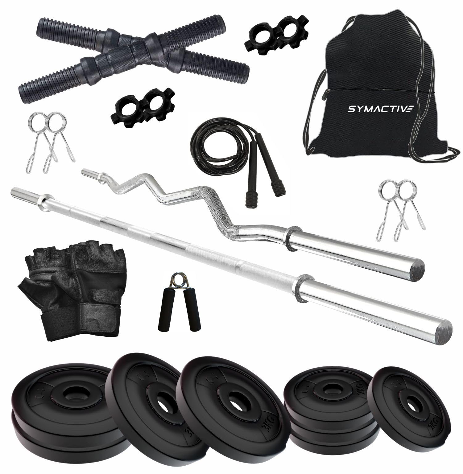 Amazon Brand - Symactive 20 KG PVC Home Gym Fitness Kit | Accessories & Gym Bag (20 Kg Weight, 5 Ft Plain Rod, 3 Ft Curl Rod, 14'' Dumbbell Rods Pair, 4 Locks, Skipping Rope, Gloves, Gripper, Bag)