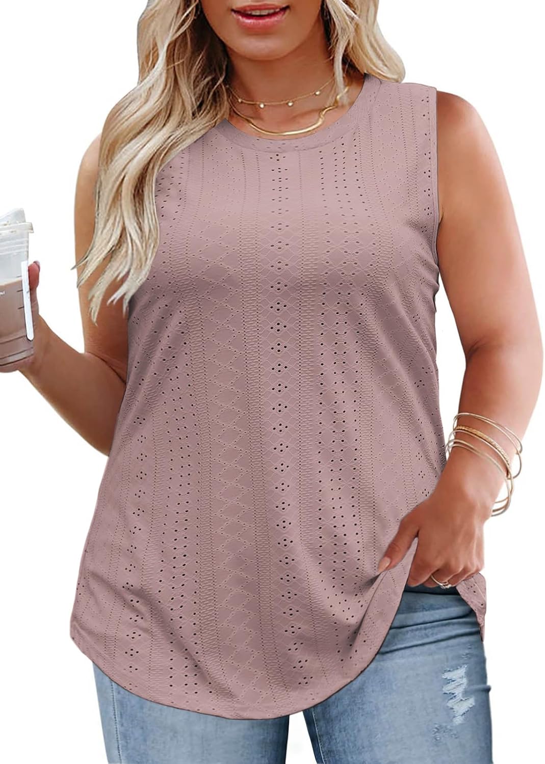 VISLILY Womens-Plus-Size-Tank-Tops Summer Sleeveless Eyelet Shirts Round Neck Tunics Flowy Classic Tees