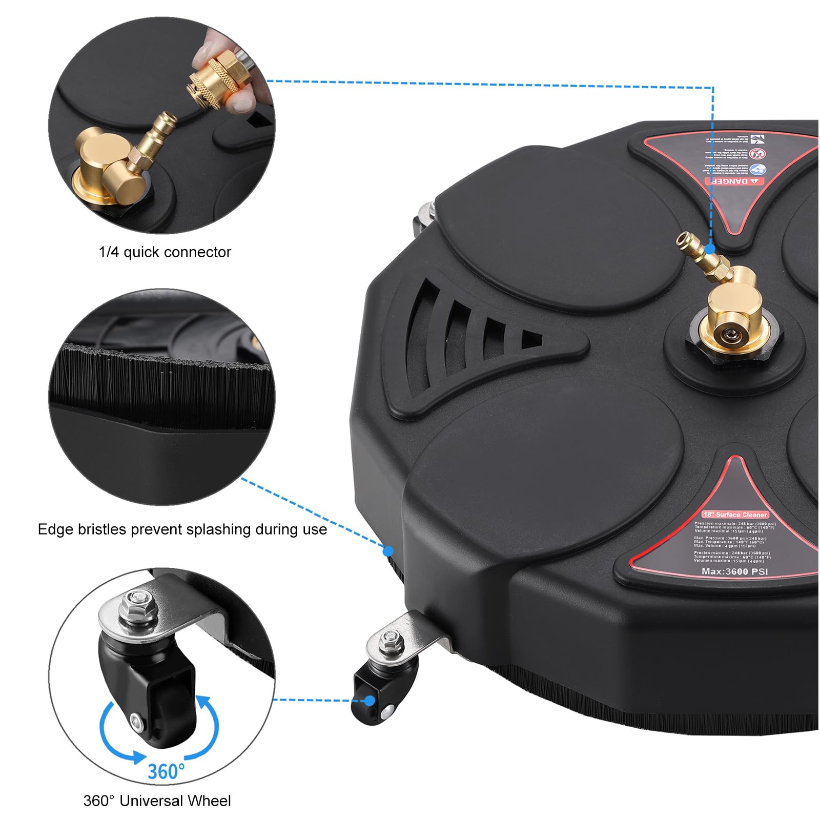 Accesorio limpiador de superficies de 3600 PSI, gran área de cobertura de 13 pulgadas para limpieza de paredes de patio de hormigón, cobre y superficies