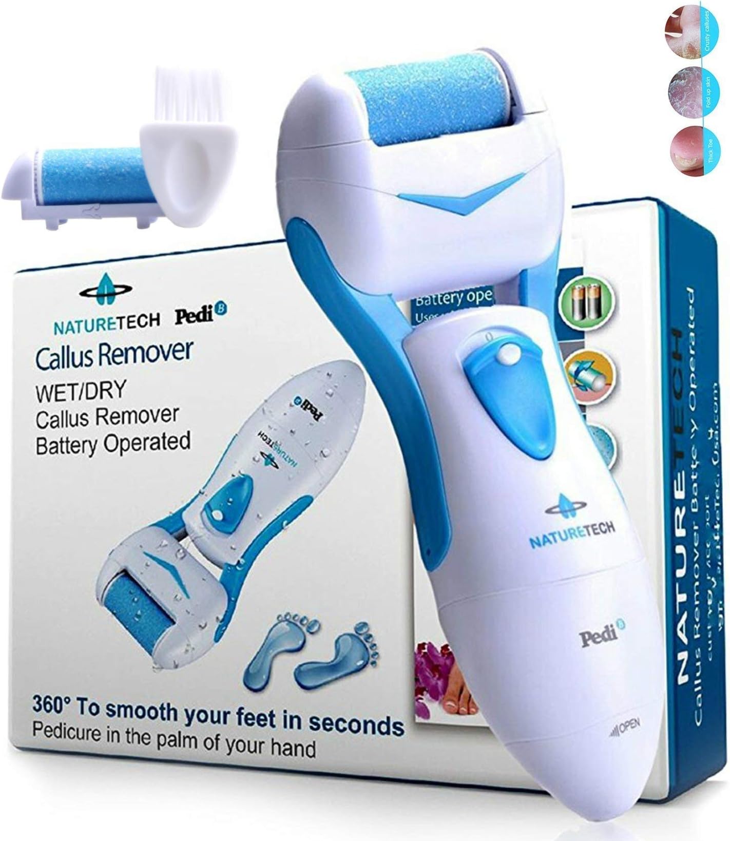 Nature Tech Pedi Electronic Pedicure Foot File - Callus Remover and Shaver for Dry Feet & Cracked Heels ✮ 1 Extra Mineral Pumice Stone Roller Head ✮ Show Immediate Results ✮ for Men & Woman (Aqua)