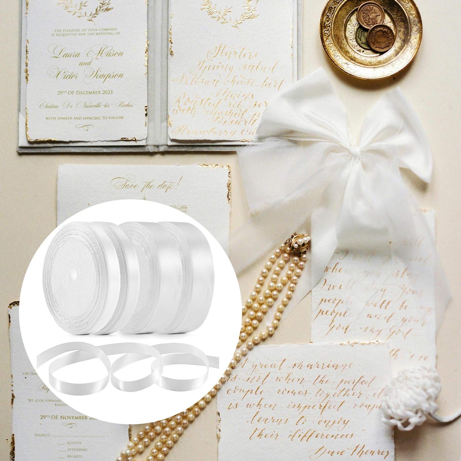 Weißes Satinband Set – 4 Rollen Geschenkband (10mm & 20mm), Je 22m, Für Geschenke, Hochzeit, Basteln & Deko