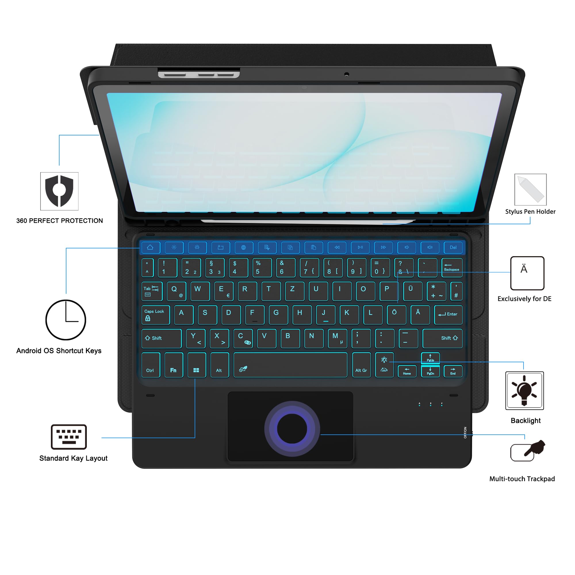 ROOFEI Für Galaxy Tab A11+/A9+ Hülle mit Tastatur Deutsches QWERTZ Layout | 7 Farben Beleuchtung | Magnetische Abnehmbare Trackpad Tablet Cover | Beleuchtete Tastatur für Tab A9 Plus/A11 Plus 11"
