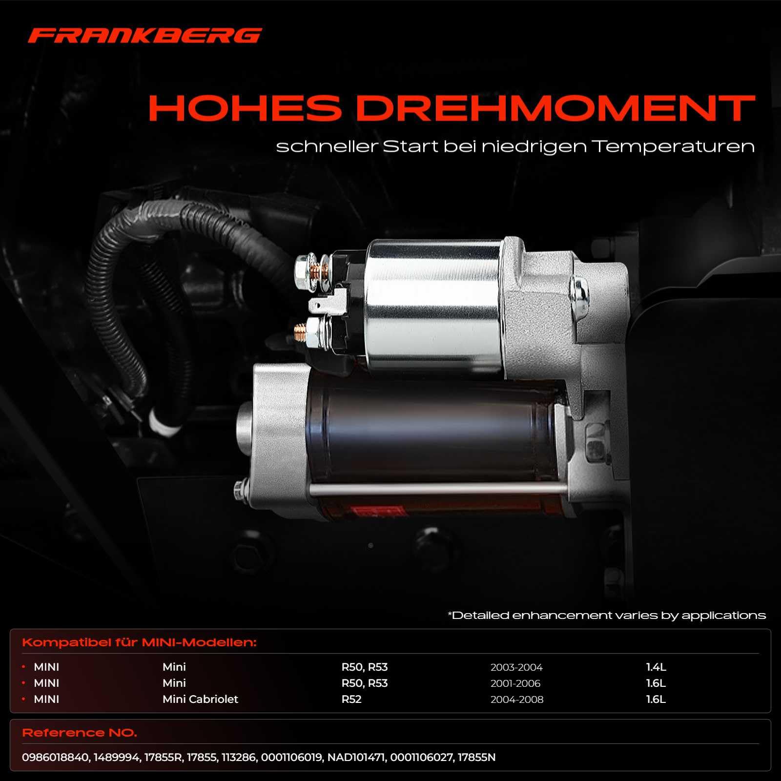 Frankberg Démarreur Compatible avec M.i.n.i R50 R53 Cooper One 2001-2006 M.i.n.i Cabriolet R52 Cooper One 2004-2007 Remplacer# 1489994