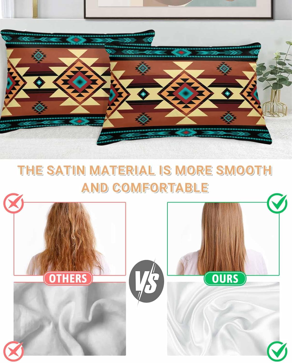 Turquoise Red Pillow Cases Standard Size Set of 2, Satin Pillowcase for Hair and Skin, Southwest American Native Abstract Pattern Throw Pillow Covers Cooling Protector 20"x26"x2