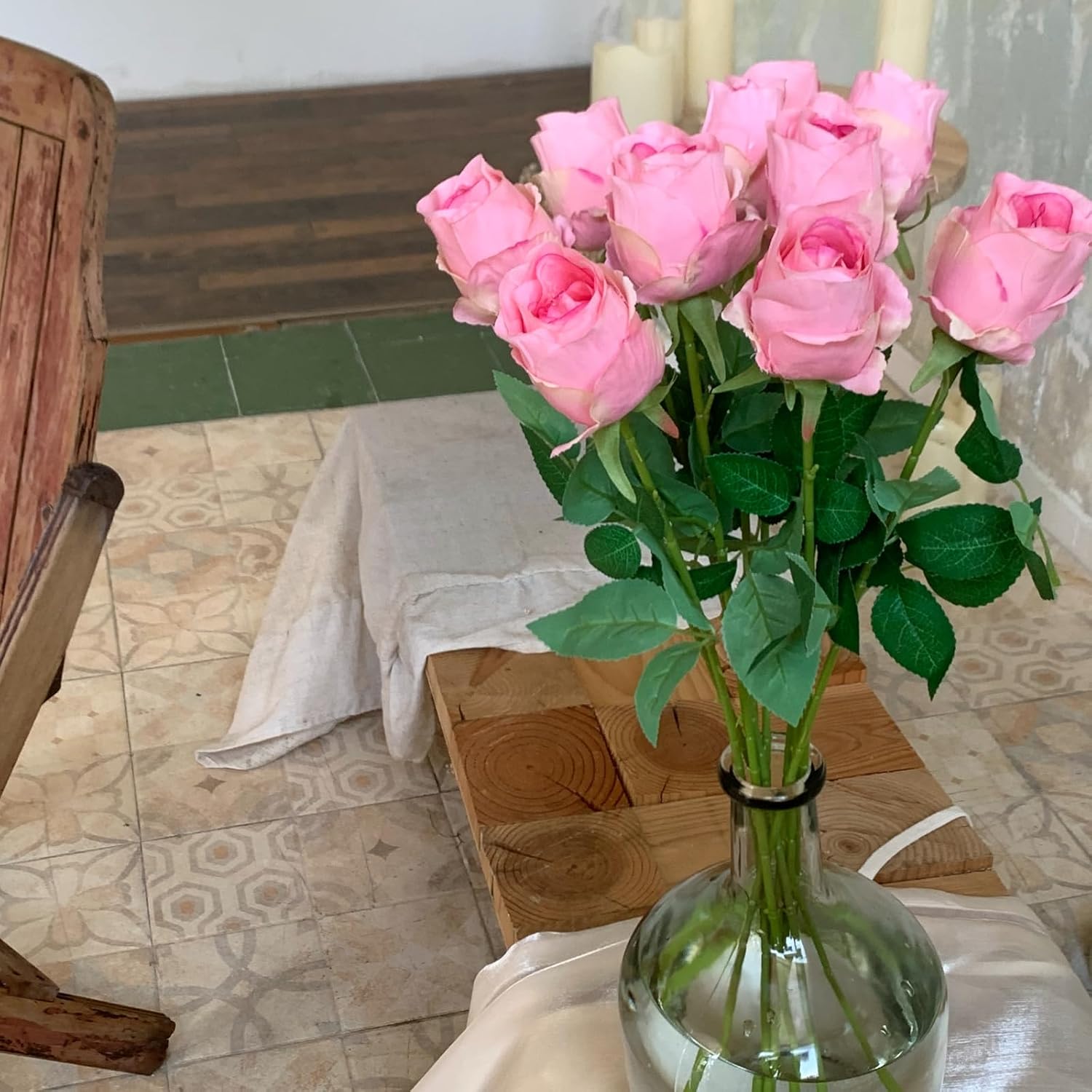 10pcs Pink Roses Artificial Flowers with Long Stem Real Looking Fake Roses for DIY Wedding Bouquet Table Centerpiece Faux Pink Roses for Bridal Shower Arrangements Home Decor