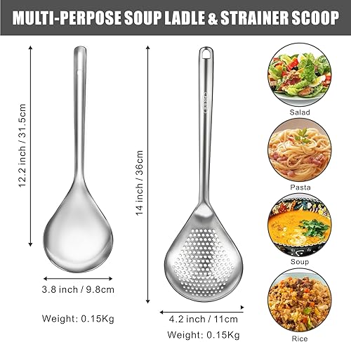 Miniatura 2 de Juego de cucharas de cocina grandes para servir, cucharón de salsa de sopa de acero inoxidable, metal ranurado sólido, para mezclar, servir,