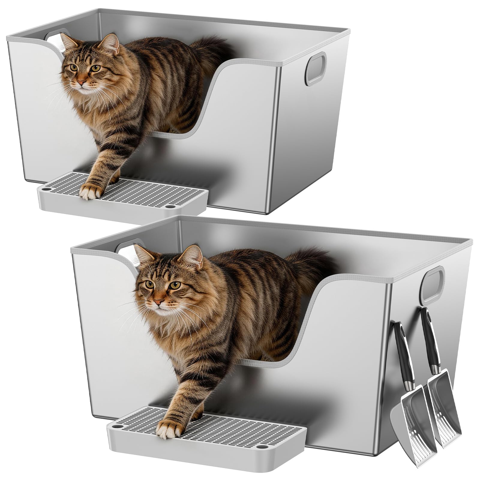 Photo 1 of 2 Pack XXL Stainless Steel Litter Box with 12'' High Sides,XXXL Metal Cat Litter Box with Tall Walls for Big & Multiple Cats,One-Piece Deep Maine Coon Litter Box with Low Entry,Anti-Leakage,Non-Sticky